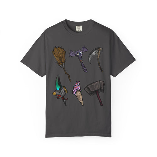 Hand-drawn Item Selection #1 t-shirt from Freaky Features showing a collection of monster weapons: broom, bat staff, skeletal scythe, shark dagger, ice cream cone and war hammer on dark gray tee

