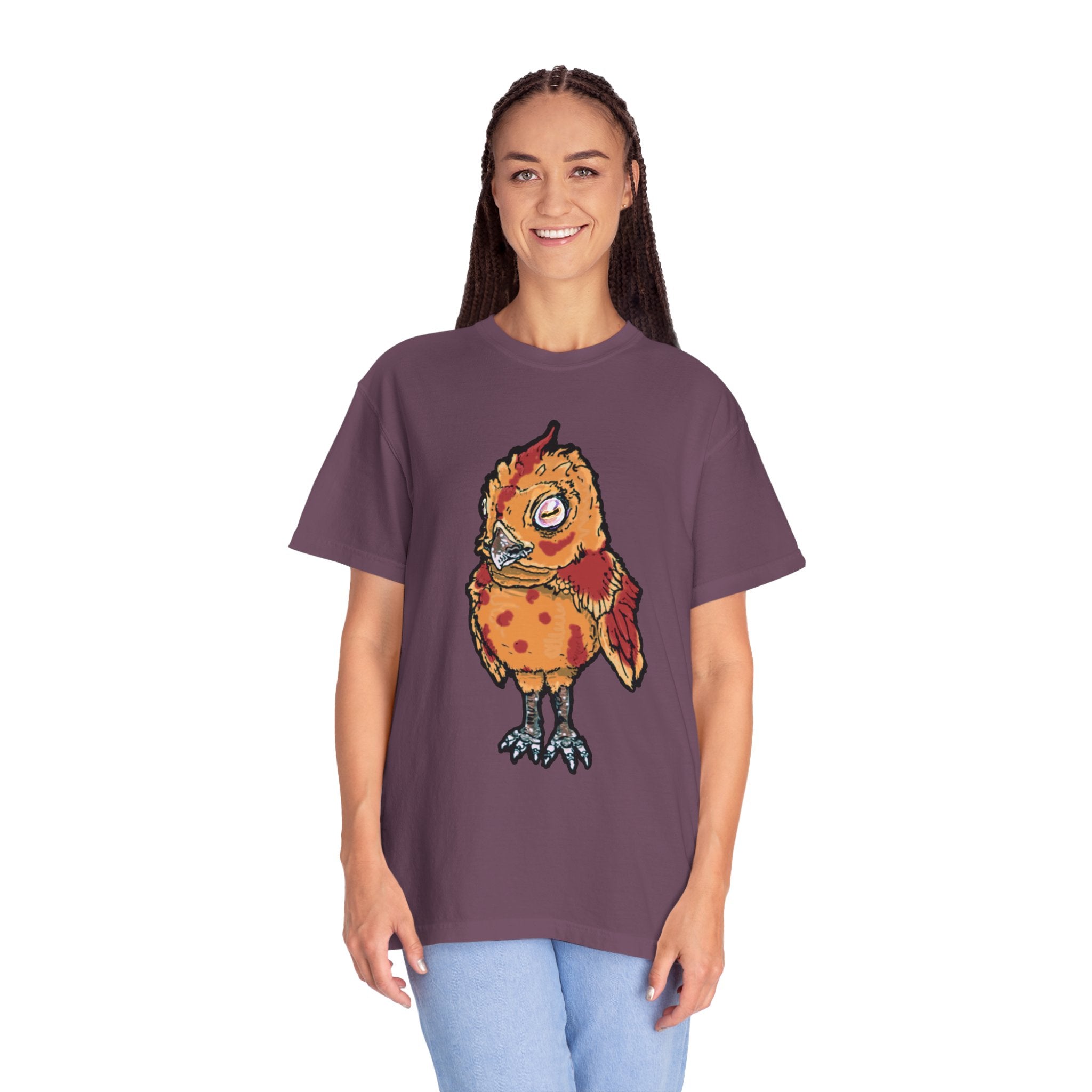 Hand-drawn spotted pizza owl monster t-shirt with melted cheese spots, pepperoni red markings and big multicolored eye tee from PizzaBytes collection