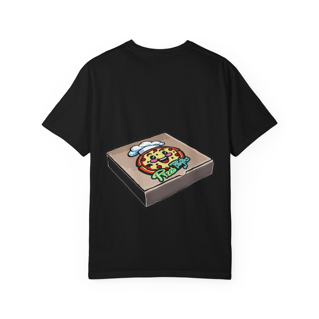 Hand-drawn red sauce pizza box t-shirt showing open pizza box with red sauce pizza from PizzaBytes collection

