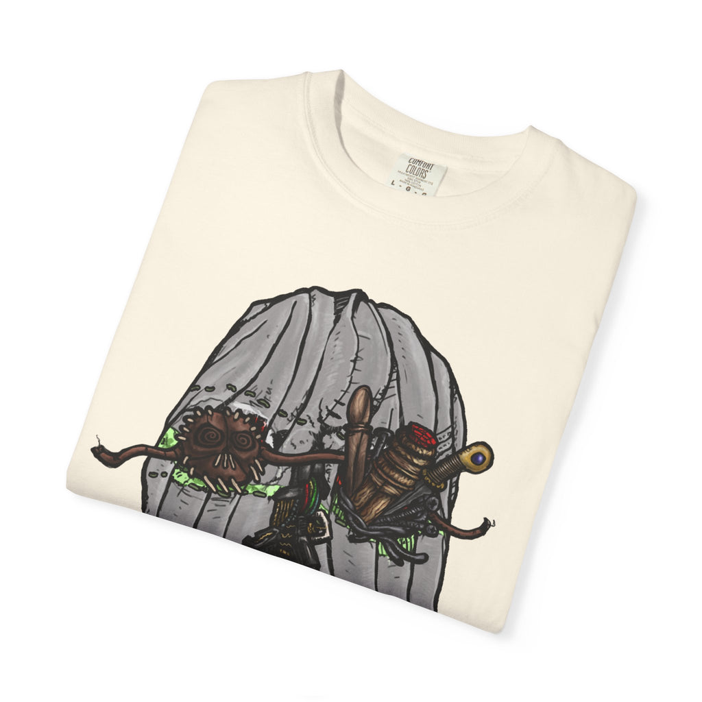 Freaky Features Ghost t-shirt, front shows creepy ghost hood with weapons and screaming eye mouth, back shows open pizza box with floating ghost face
