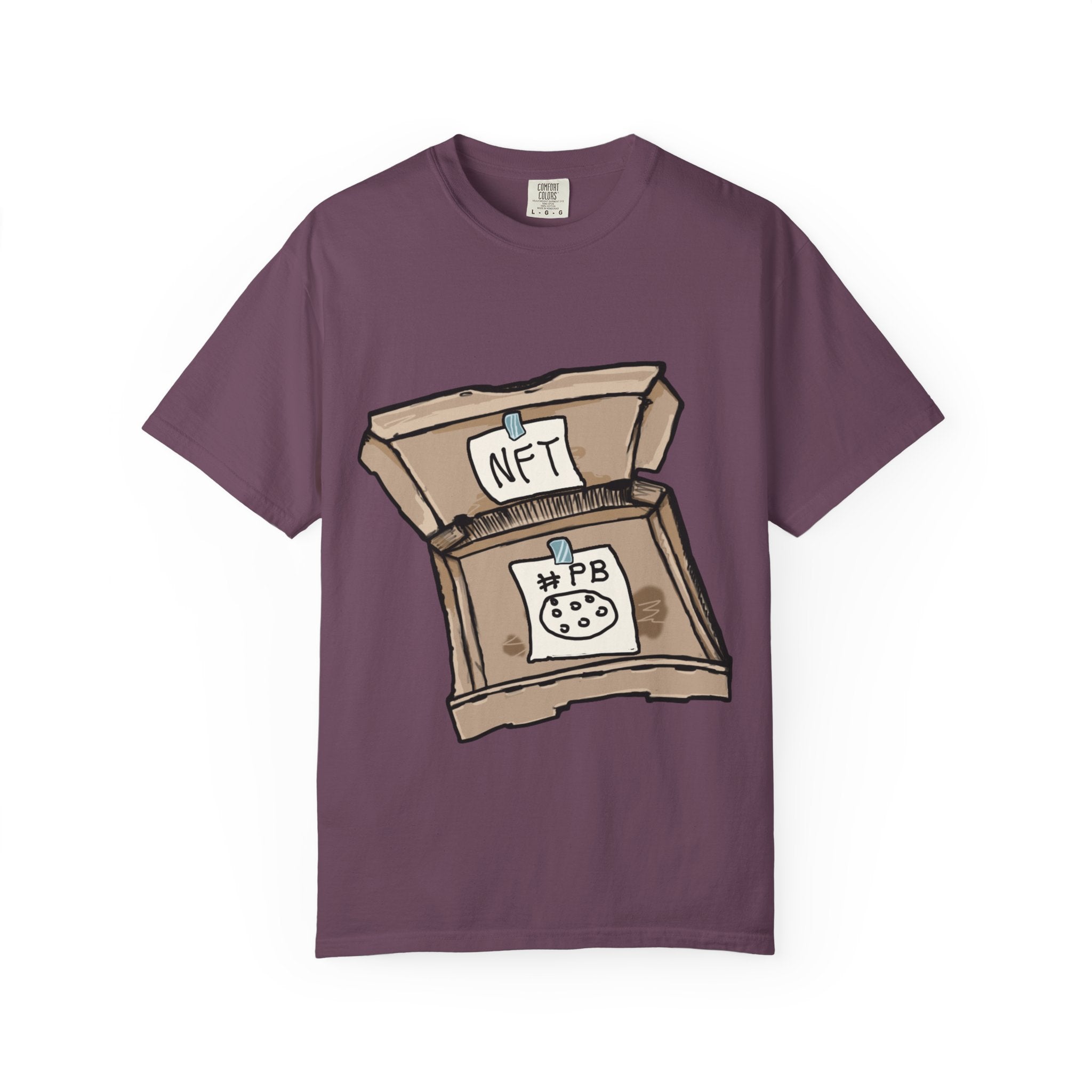 Hand-drawn NFT pizza box t-shirt showing open pizza box with NFT note and #PB pizza drawing from PizzaBytes collection

