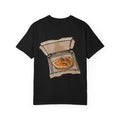 Freaky Features PumpkinJack t-shirt, front shows creepy pumpkin head with vine and candy-corn teeth, back shows open pizza box with two calzones inside