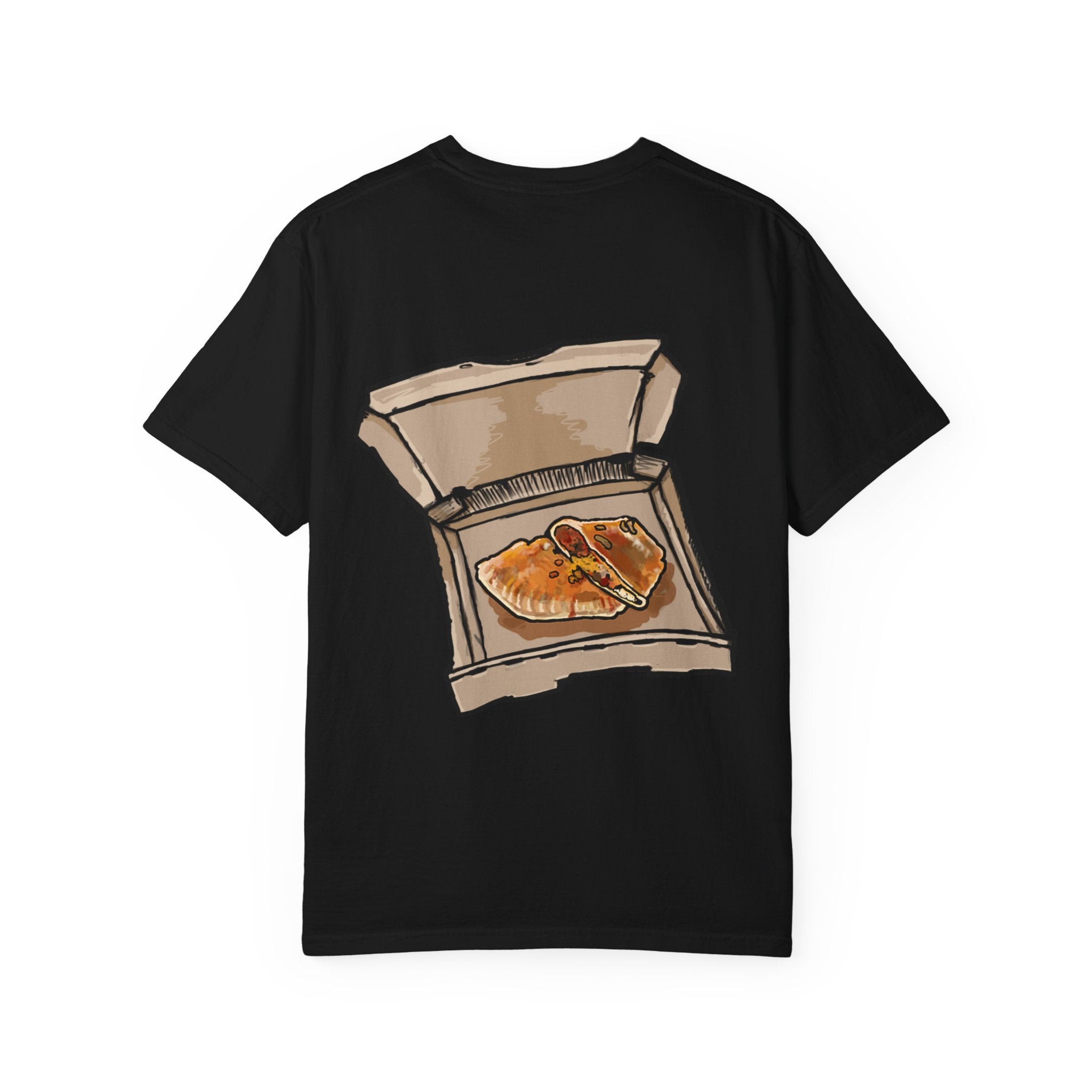 Freaky Features PumpkinJack t-shirt, front shows creepy pumpkin head with vine and candy-corn teeth, back shows open pizza box with two calzones inside