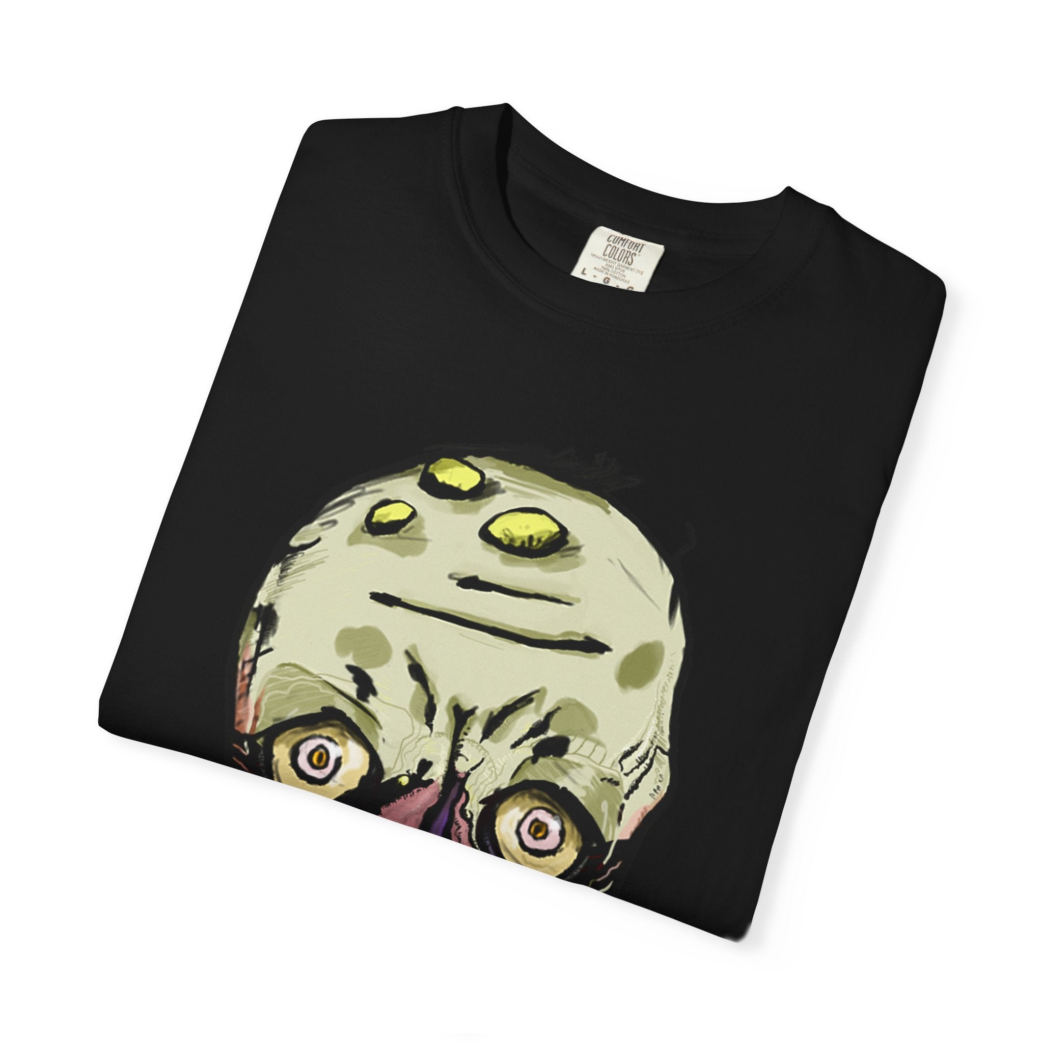 Freaky Features Gremlin t-shirt, front shows grotesque gremlin head with yellow hair and long tongue, back shows open pizza box with wrapped gift inside
