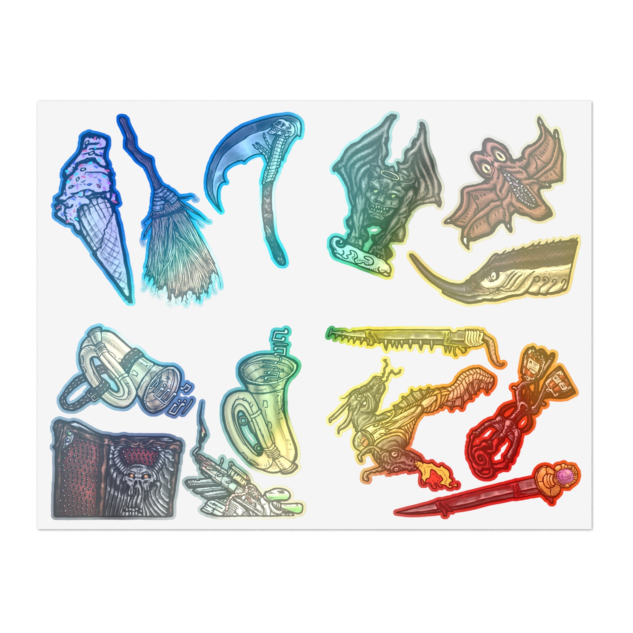 Freaky Features Sticker Sheet Set #4, transparent die-cut sheet with 14 hand-drawn weapons and creatures including ice cream cone, witch broom, skeletal scythe, bat-winged hellbeast, cursed tome and more
