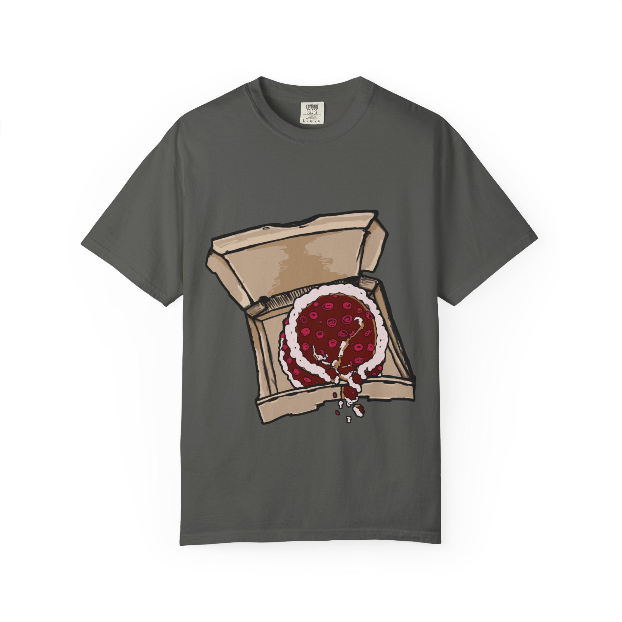 Hand-drawn cake pizza box t-shirt showing open pizza box with melting cake from PizzaBytes collection

