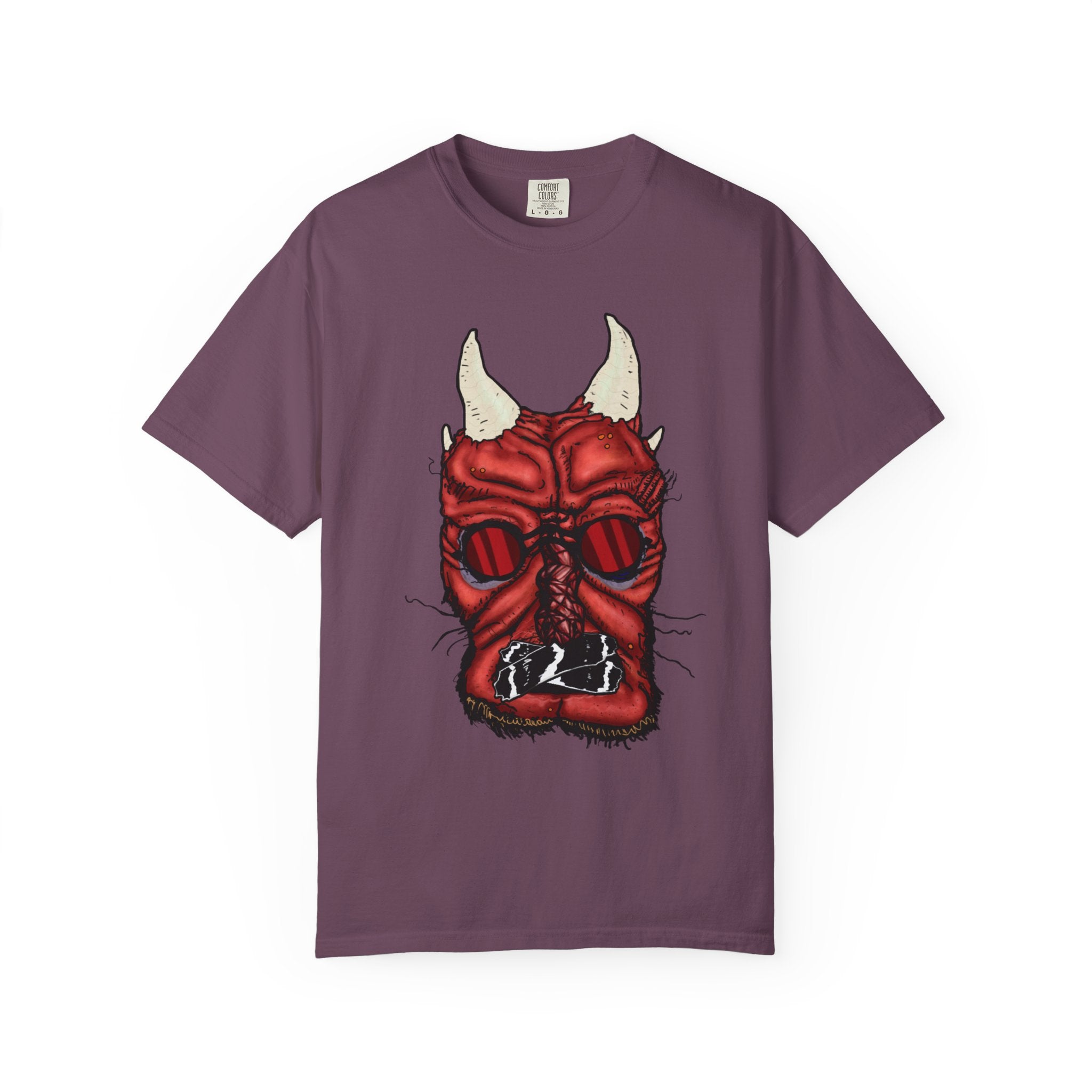 Freaky Features Demon t-shirt, front shows red demon head with horns and glowing eyes, back shows open pizza box being raided by little red devils
