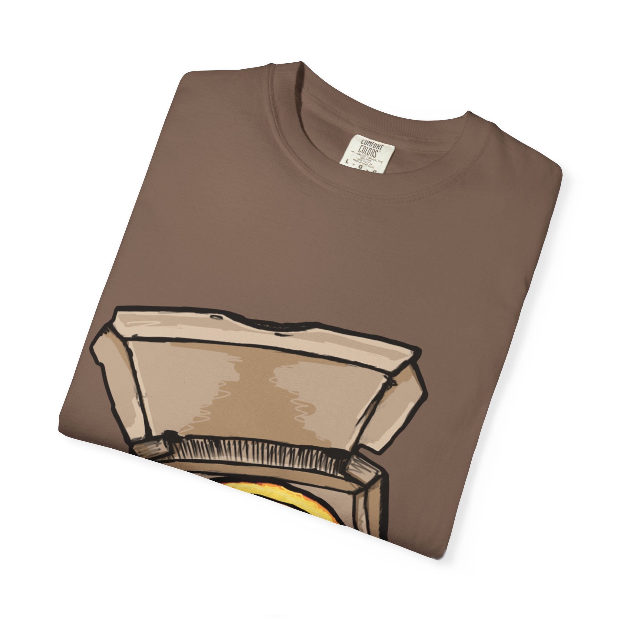Hand-drawn gold pizza box t-shirt showing open pizza box with gold pizza and red diamond toppings from PizzaBytes collection

