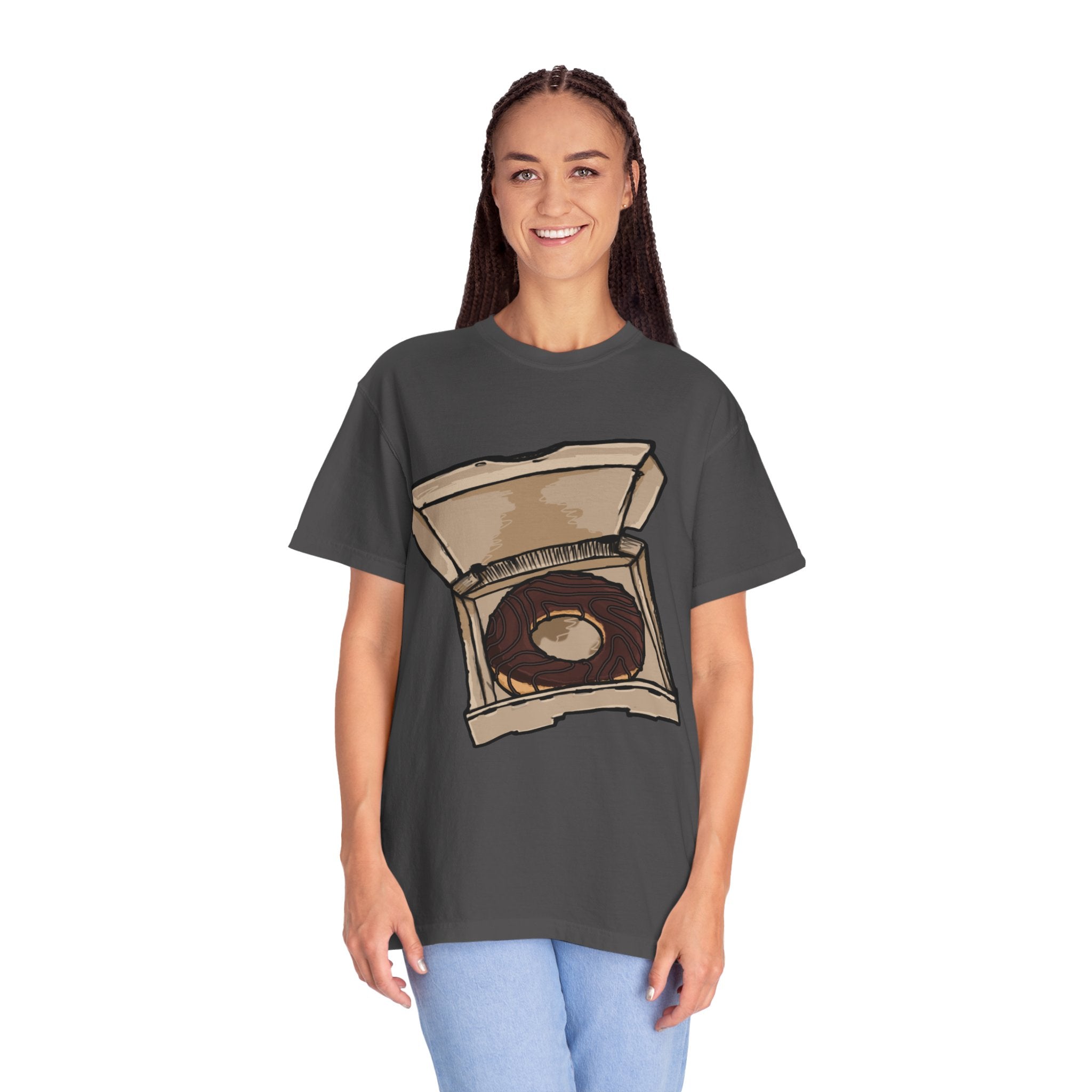 Hand-drawn donut pizza box t-shirt showing open pizza box with chocolate glazed donut from PizzaBytes collection

