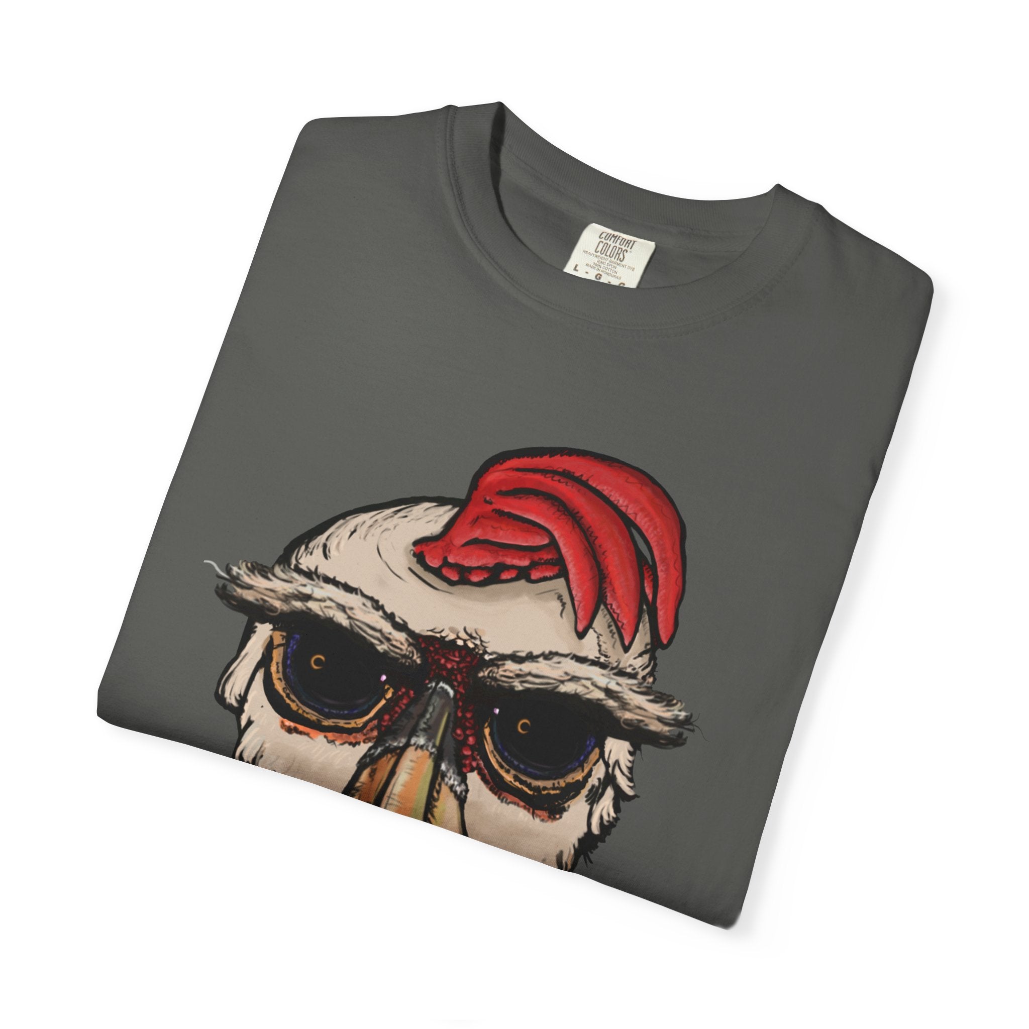 Freaky Features Paranoid Chicken t-shirt, front shows paranoid rooster head, back shows open pizza box with chocolate donut