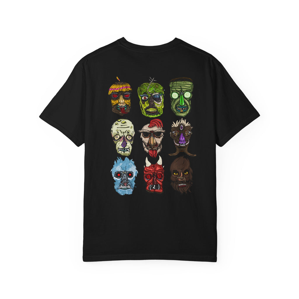 Freaky Features Collective #1 t-shirt, front and back show 3x3 grids of hand-drawn monster heads including alien, robot, melting chocolate, scarecrow, flaming skull, mummy, fishman, ghost, and pumpkinjack

