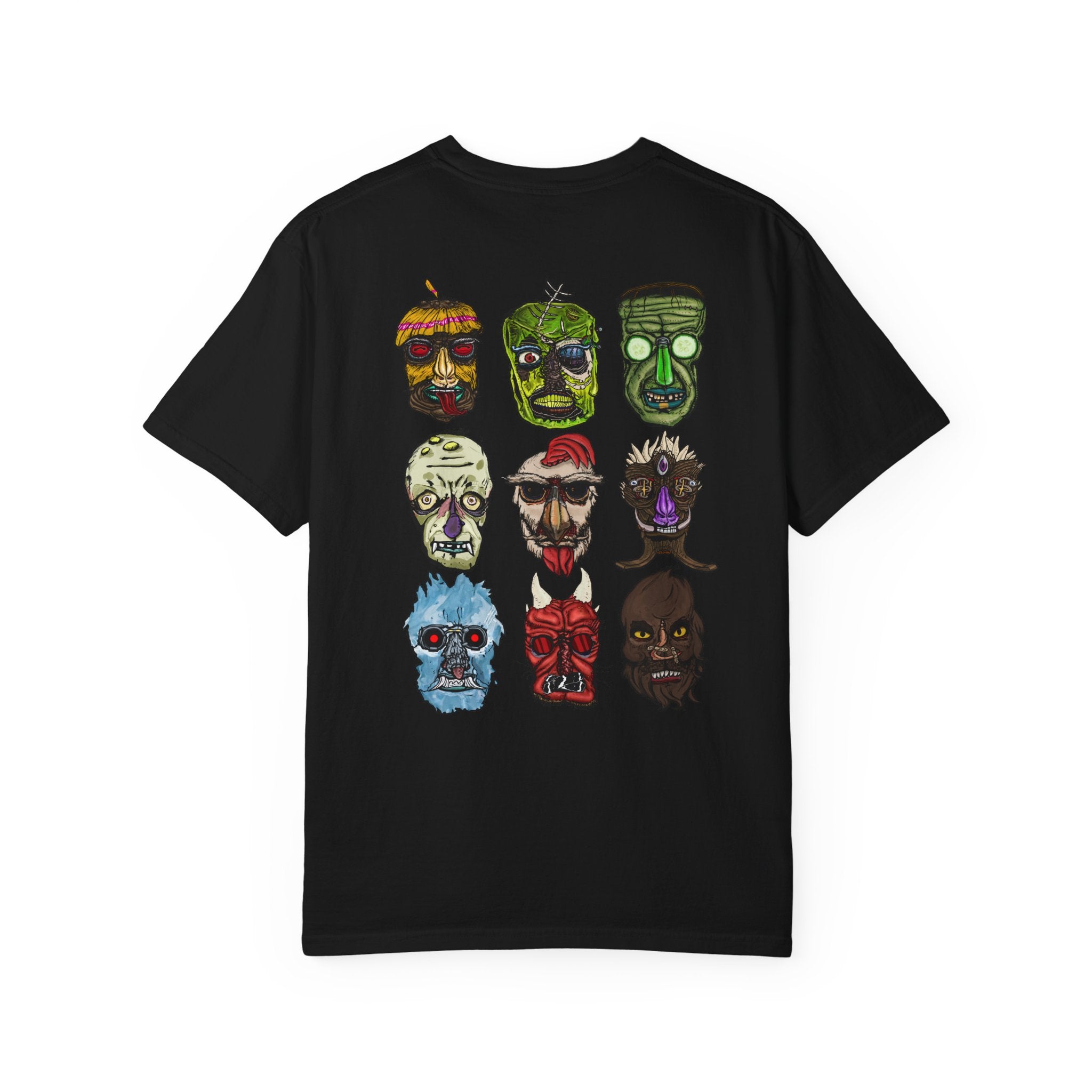 Freaky Features Collective #1 t-shirt, front and back show 3x3 grids of hand-drawn monster heads including alien, robot, melting chocolate, scarecrow, flaming skull, mummy, fishman, ghost, and pumpkinjack

