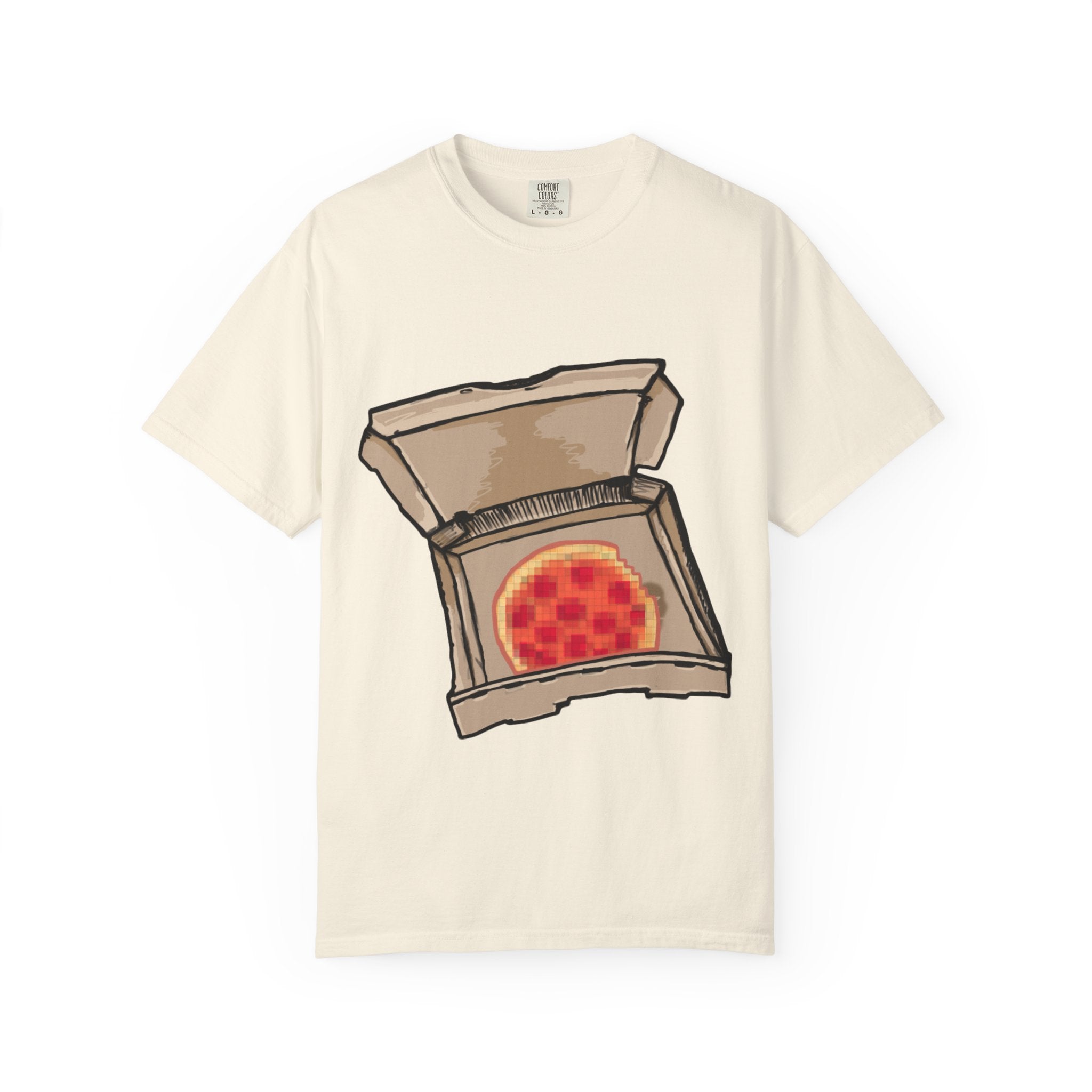 Hand-drawn pixel pizza box t-shirt showing open pizza box with 8-bit pixel art pepperoni pizza from PizzaBytes collection

