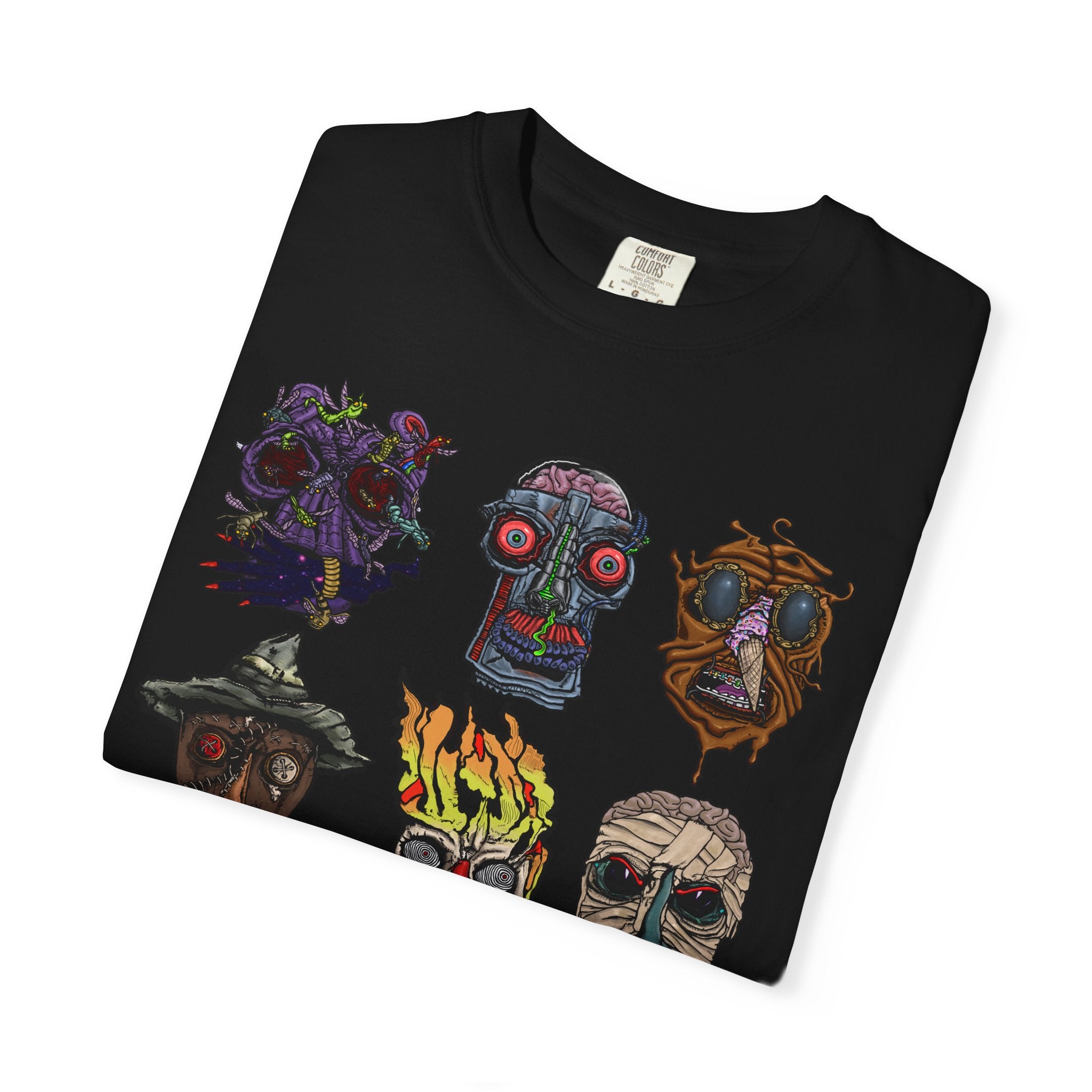 Freaky Features Collective #1 t-shirt, front and back show 3x3 grids of hand-drawn monster heads including alien, robot, melting chocolate, scarecrow, flaming skull, mummy, fishman, ghost, and pumpkinjack

