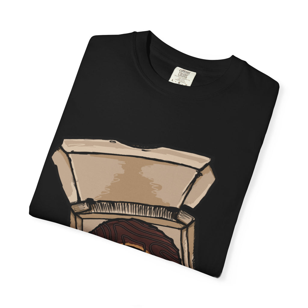 Hand-drawn donut pizza box t-shirt showing open pizza box with chocolate glazed donut from PizzaBytes collection

