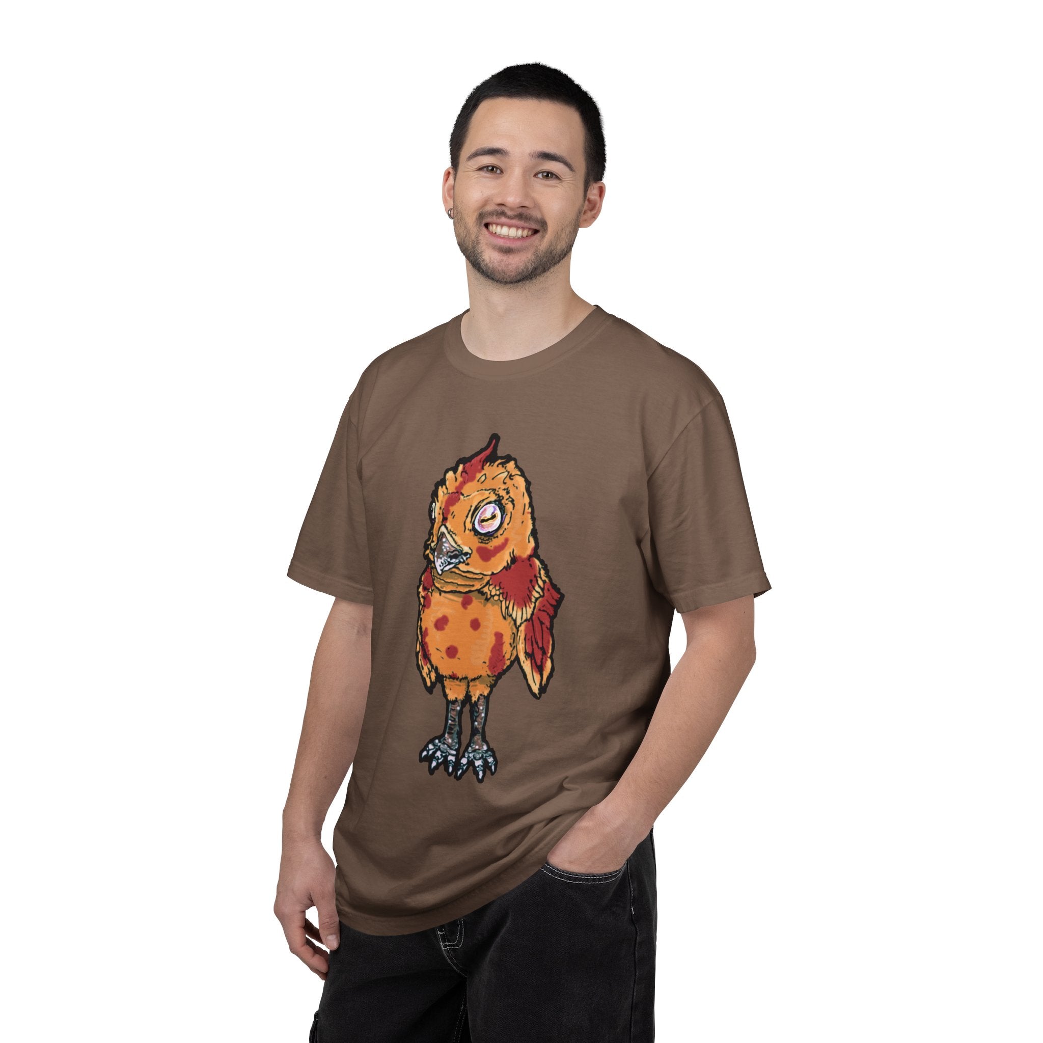 Hand-drawn spotted pizza owl monster t-shirt with melted cheese spots, pepperoni red markings and big multicolored eye tee from PizzaBytes collection