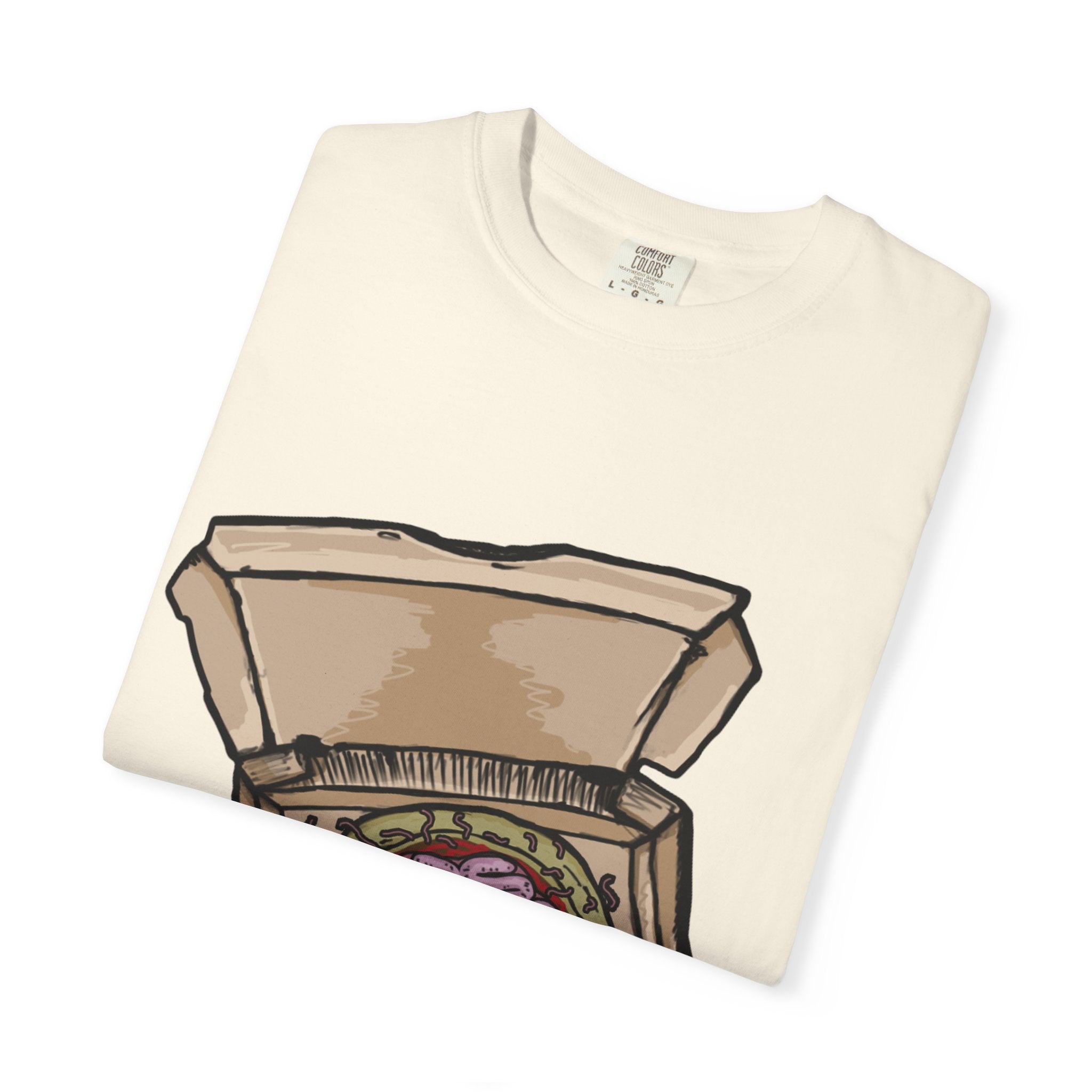 Hand-drawn brain pizza box t-shirt showing open pizza box with a detailed human brain pizza from PizzaBytes collection

