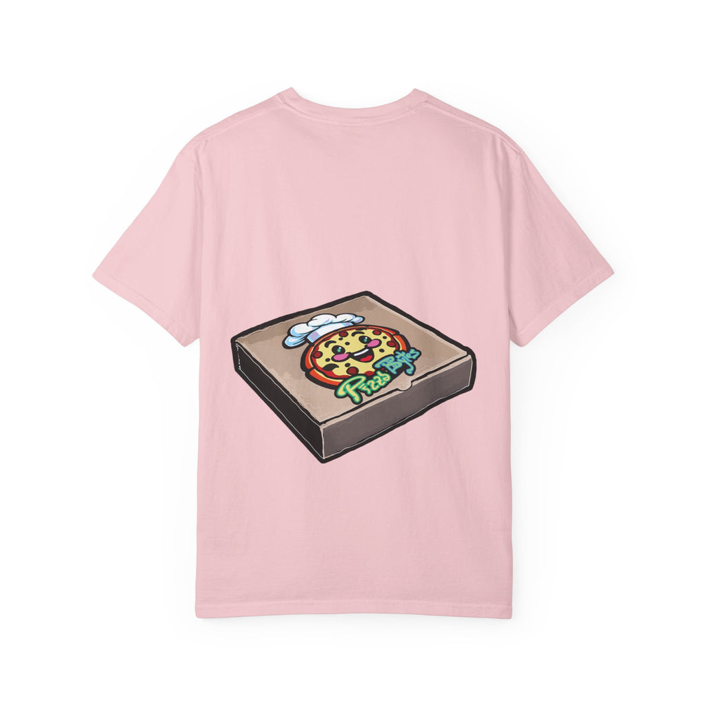 Hand-drawn heart pizza box t-shirt with pink pizza box, heart-shaped pepperoni pizza and floating black hearts on Comfort Color tee from PizzaBytes collection
