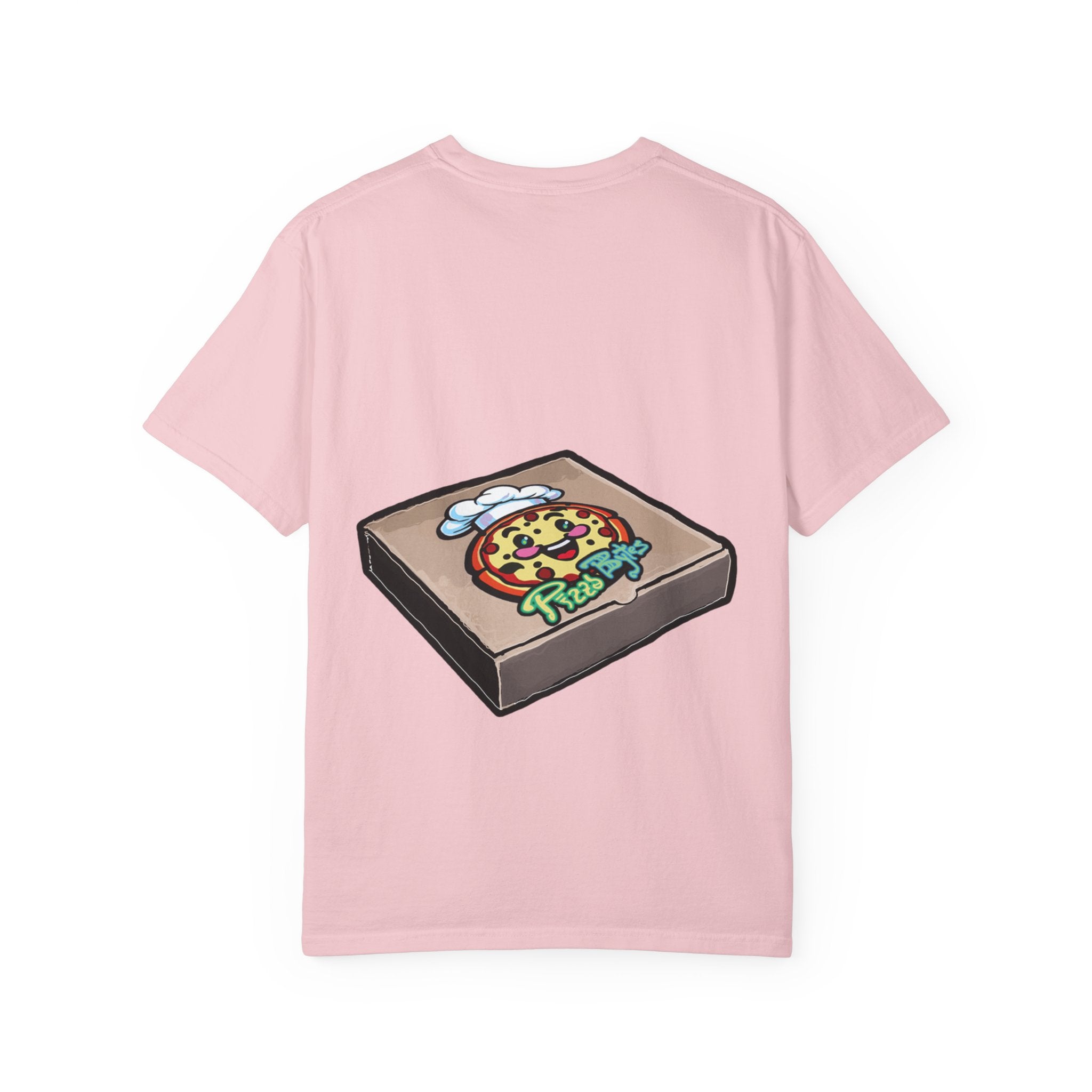 Hand-drawn heart pizza box t-shirt with pink pizza box, heart-shaped pepperoni pizza and floating black hearts on Comfort Color tee from PizzaBytes collection

