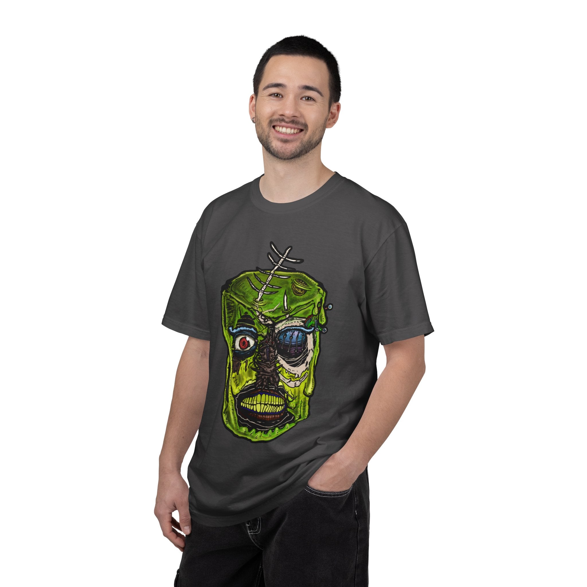 Freaky Features Radioactive Blob t-shirt, front shows neon green radioactive blob monster with cracked skull and glowing eyes, back shows open pizza box with glowing green jelly
