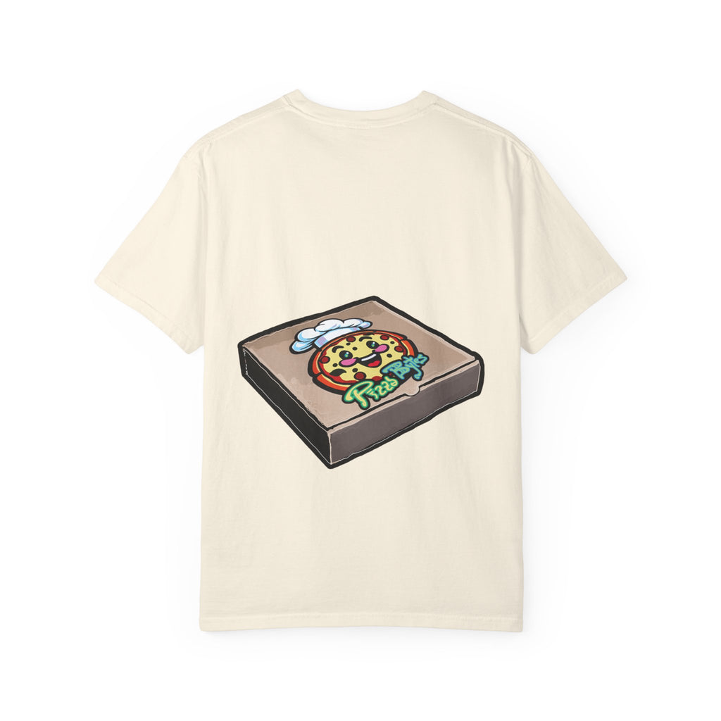 Hand-drawn pixel pizza box t-shirt showing open pizza box with 8-bit pixel art pepperoni pizza from PizzaBytes collection

