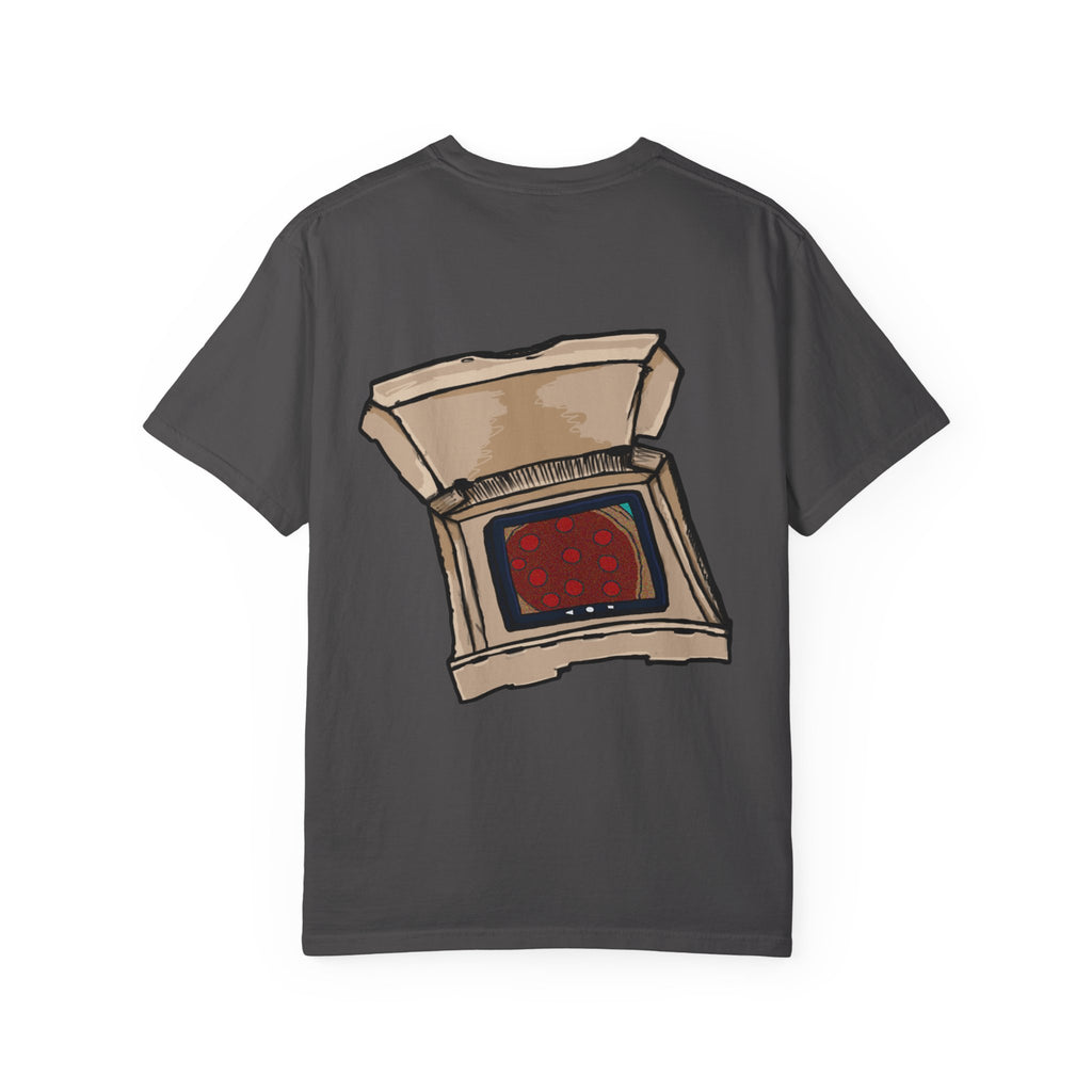 Freaky Features Alien t-shirt, front shows chaotic purple alien tentacles and insect swarm, back shows open pizza box designed as retro TV with pepperoni pizza inside

