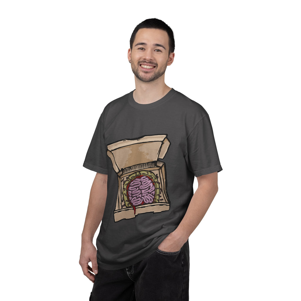 Hand-drawn brain pizza box t-shirt showing open pizza box with a detailed human brain pizza from PizzaBytes collection

