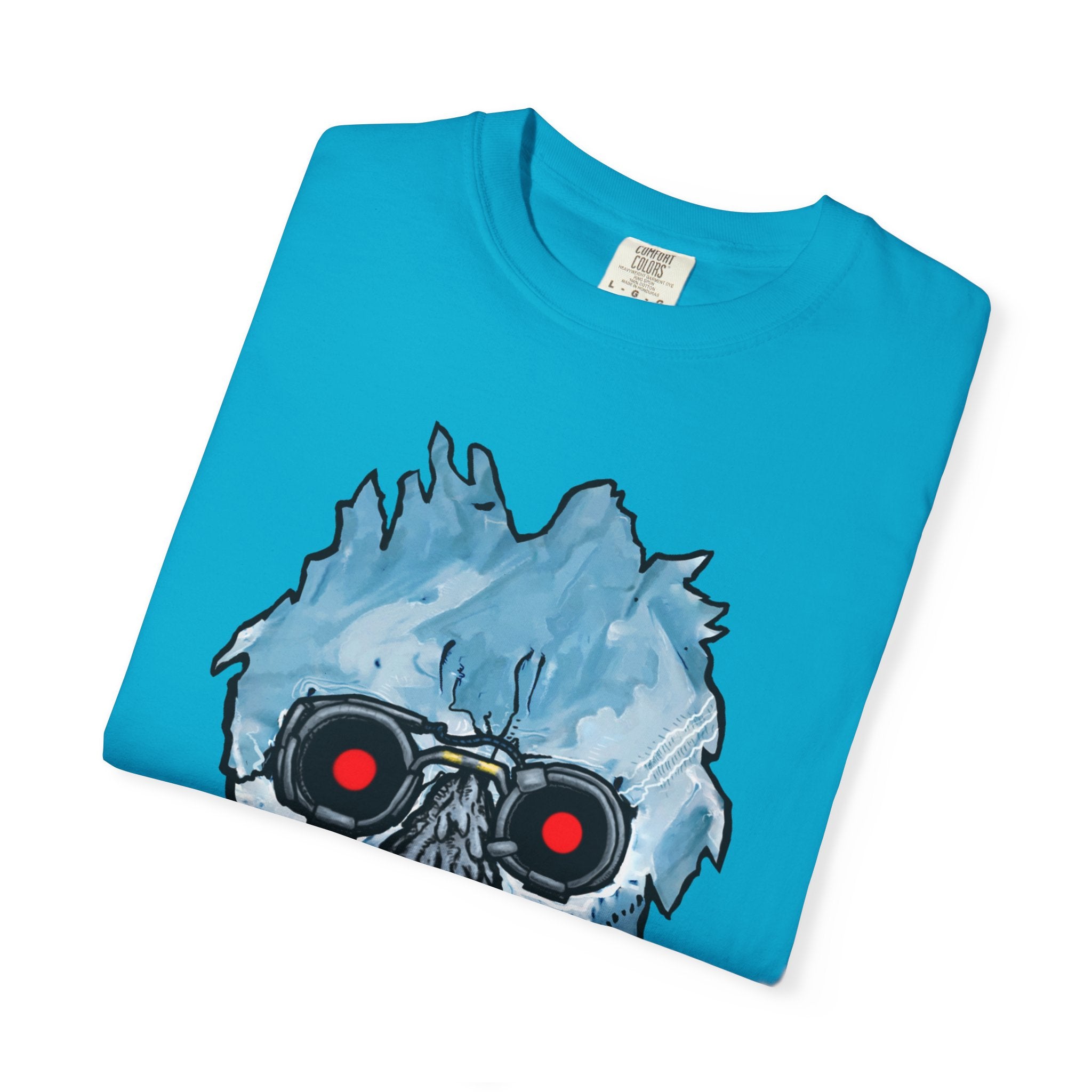 Freaky Features Iceman t-shirt, front shows frozen ice monster head with red goggles and fangs, back shows open pizza box with ice pizza inside
