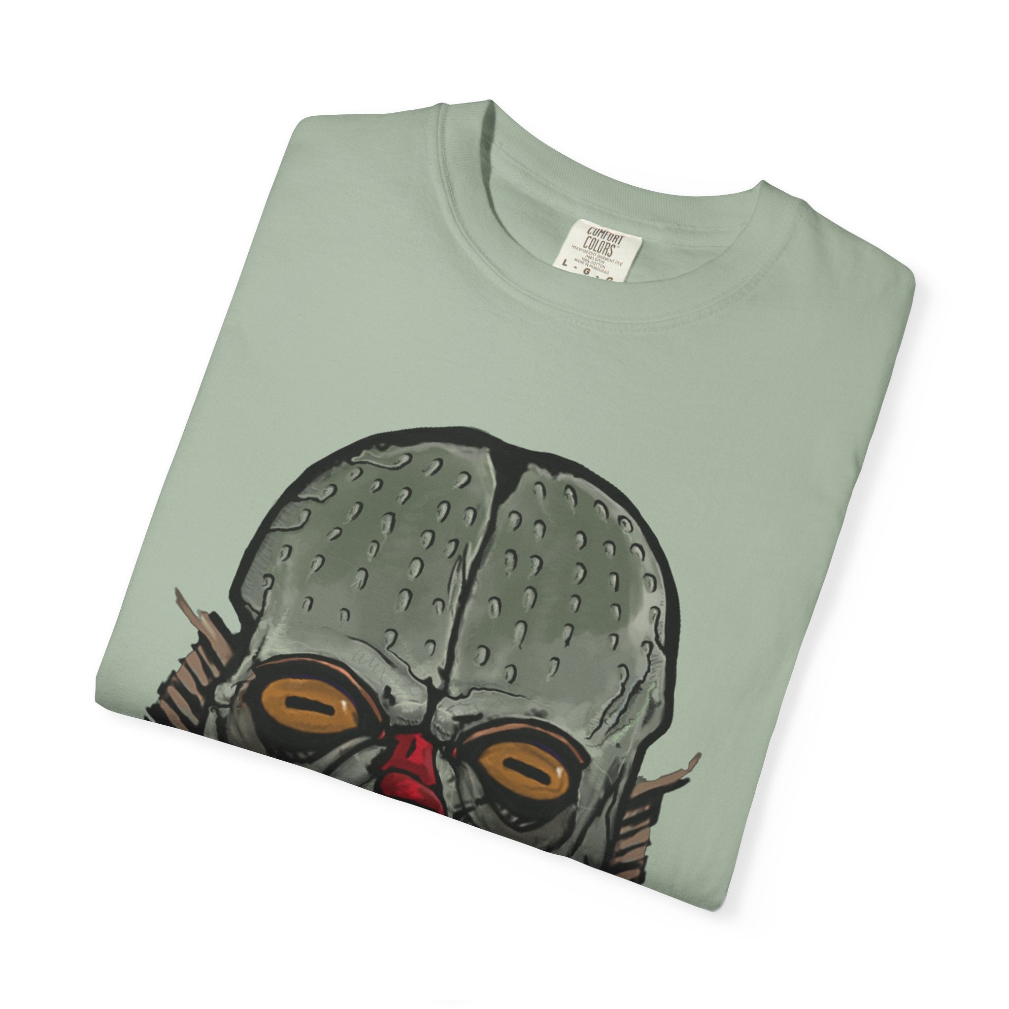 Freaky Features Fishman t-shirt, front shows grotesque fishman with orange eyes and red nose, back shows open pizza box with sewer pizza and skeletons
