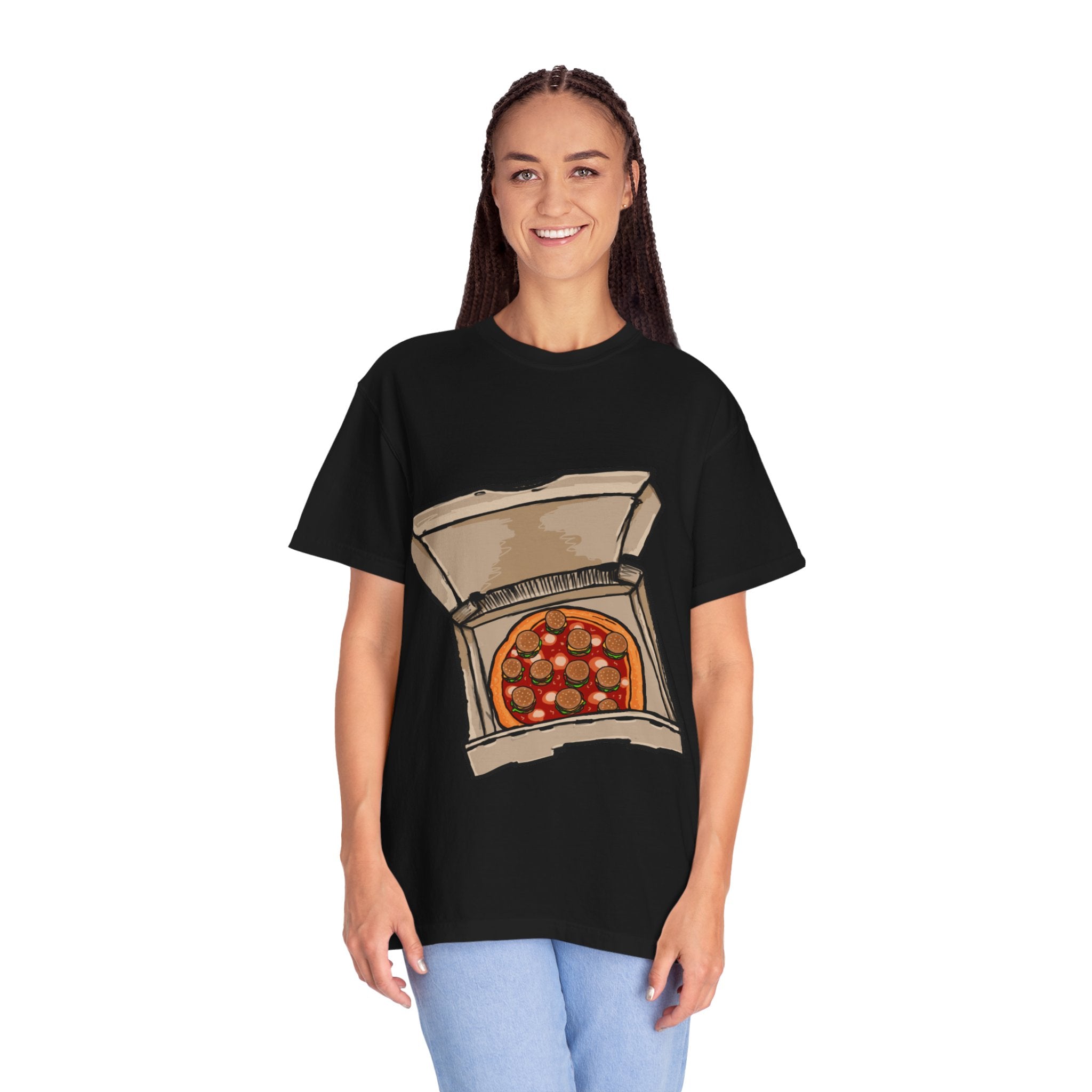 Hand-drawn burger pizza box t-shirt showing open pizza box with pepperoni pizza topped with mini cheeseburgers on Comfort tee from PizzaBytes collection