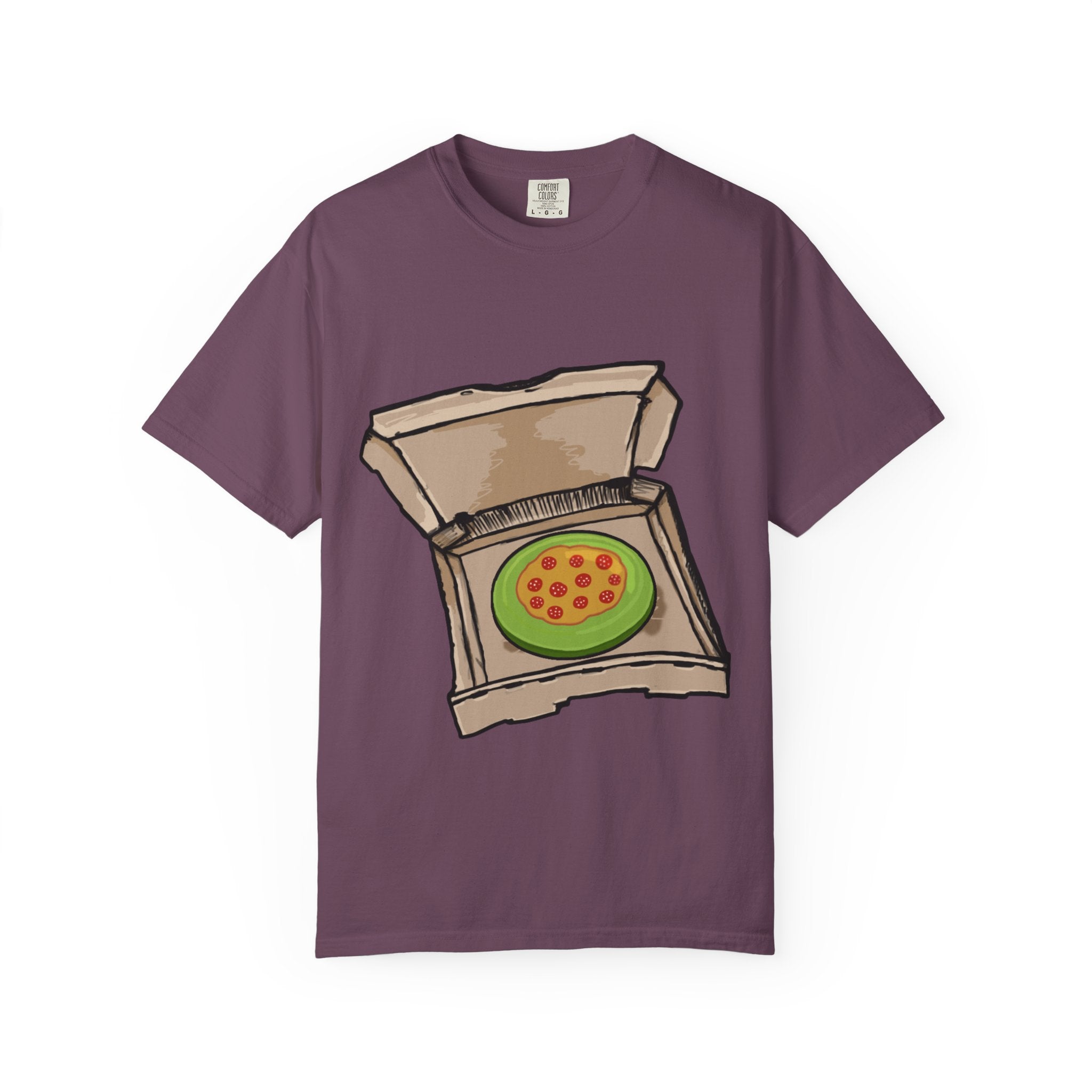 Hand-drawn frisbee pizza box t-shirt showing open pizza box with green frisbee pepperoni pizza from PizzaBytes collection

