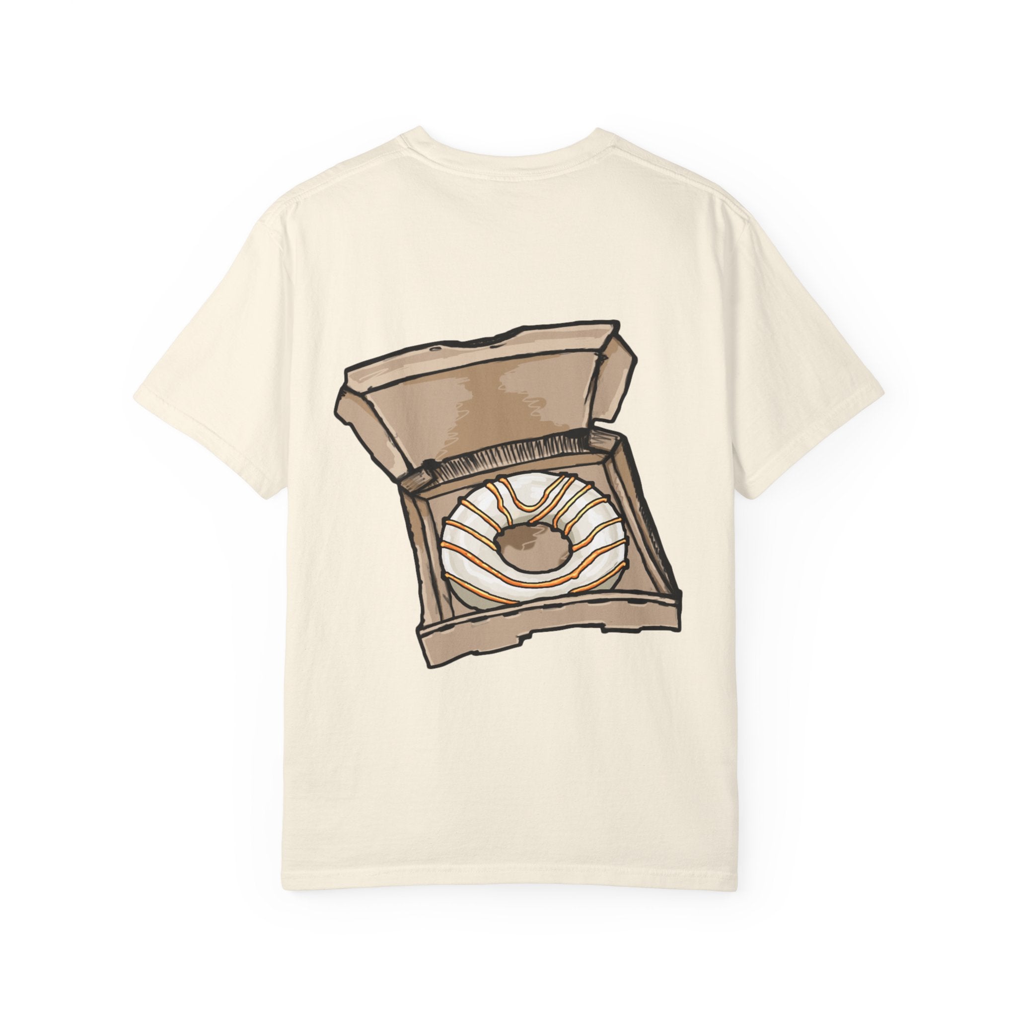 Freaky Features Sandi t-shirt, front shows melting chocolate monster head with ice cream cone nose, back shows open pizza box with donut inside

