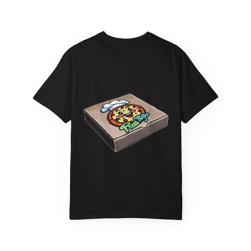 Hand-drawn sewer pizza box t-shirt showing open pizza box with skeletons, bones and green sludge pizza from PizzaBytes collection

