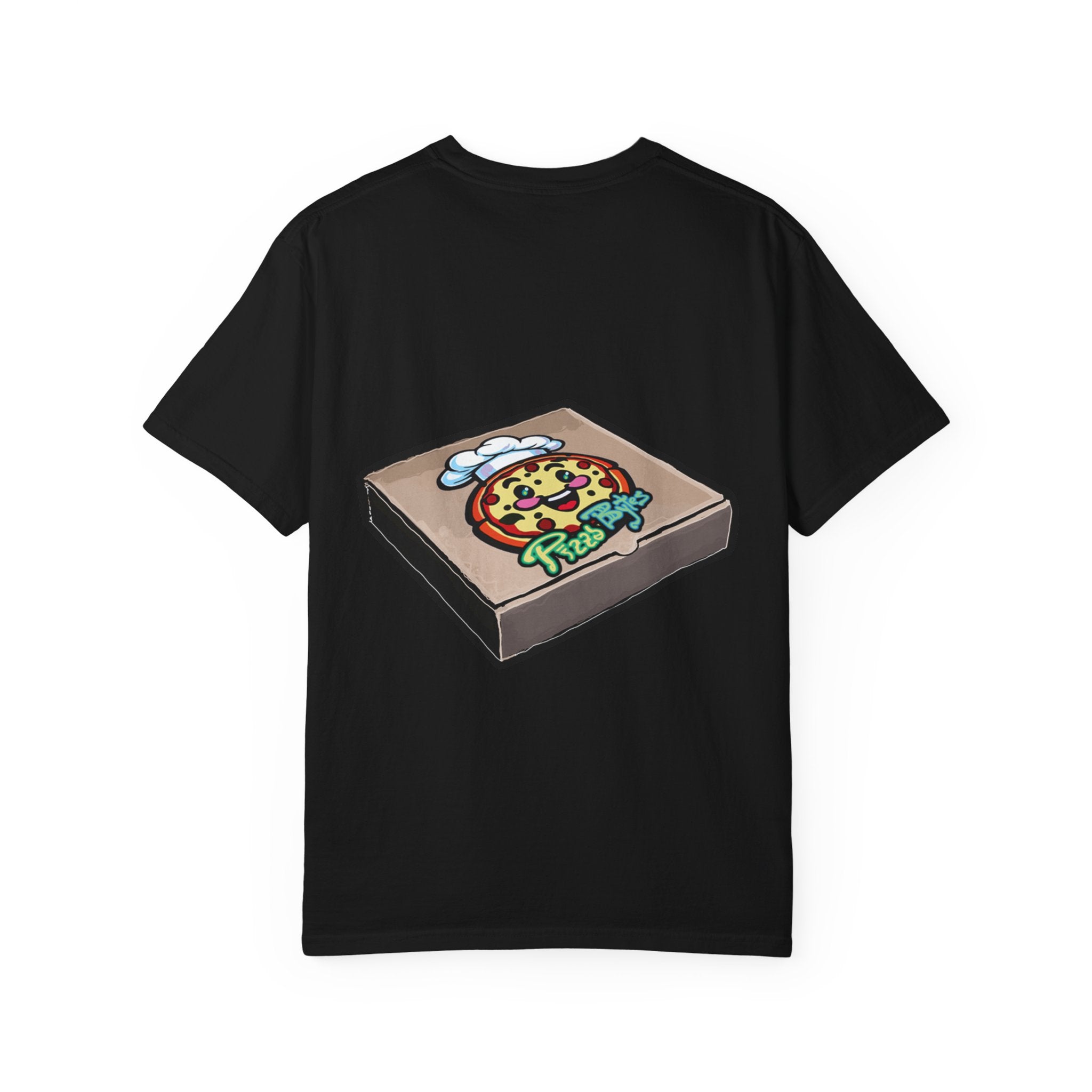 Hand-drawn sewer pizza box t-shirt showing open pizza box with skeletons, bones and green sludge pizza from PizzaBytes collection

