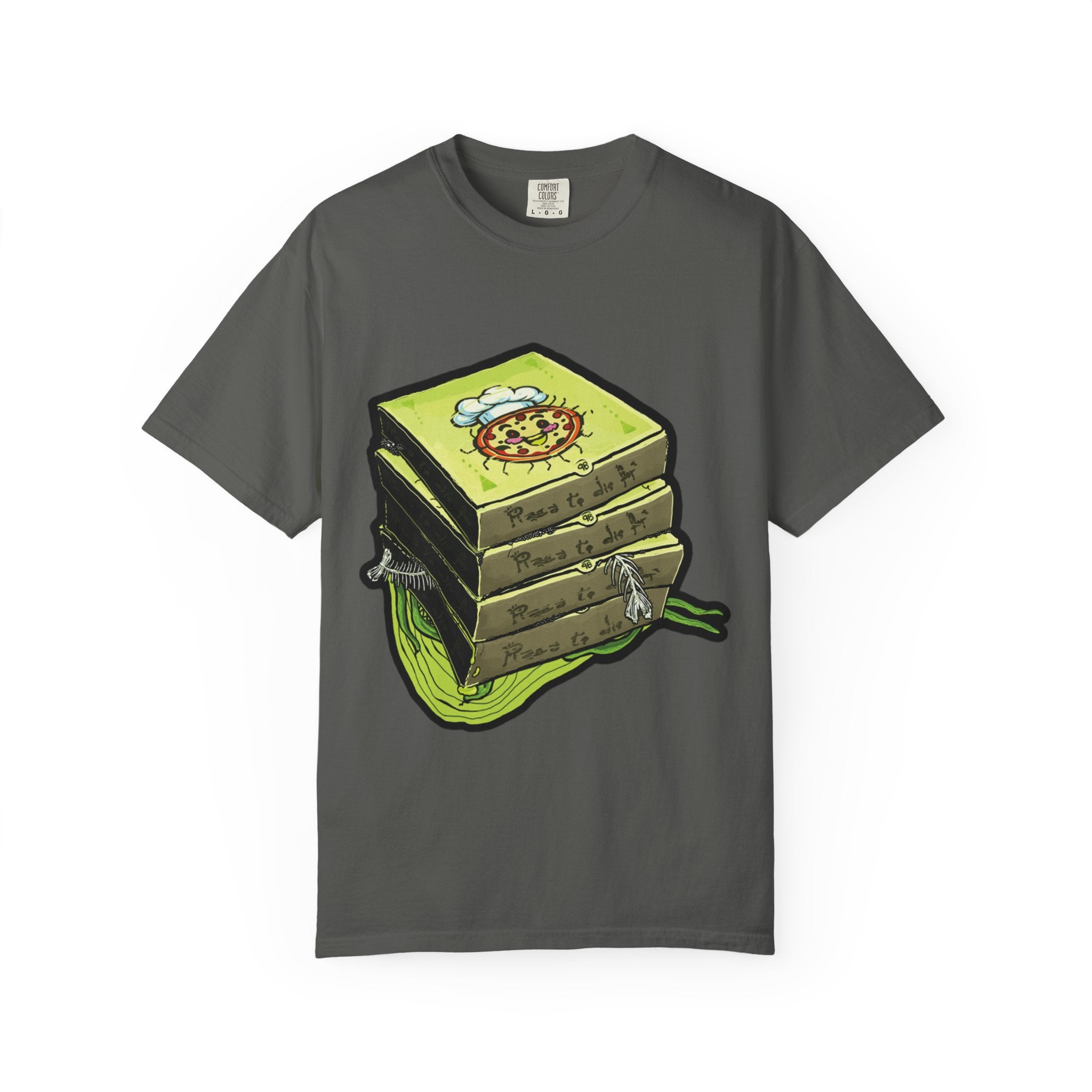 Hand-drawn toxic pizza stack t-shirt with glowing green pizza character and slimy tentacle on tee from PizzaBytes collection