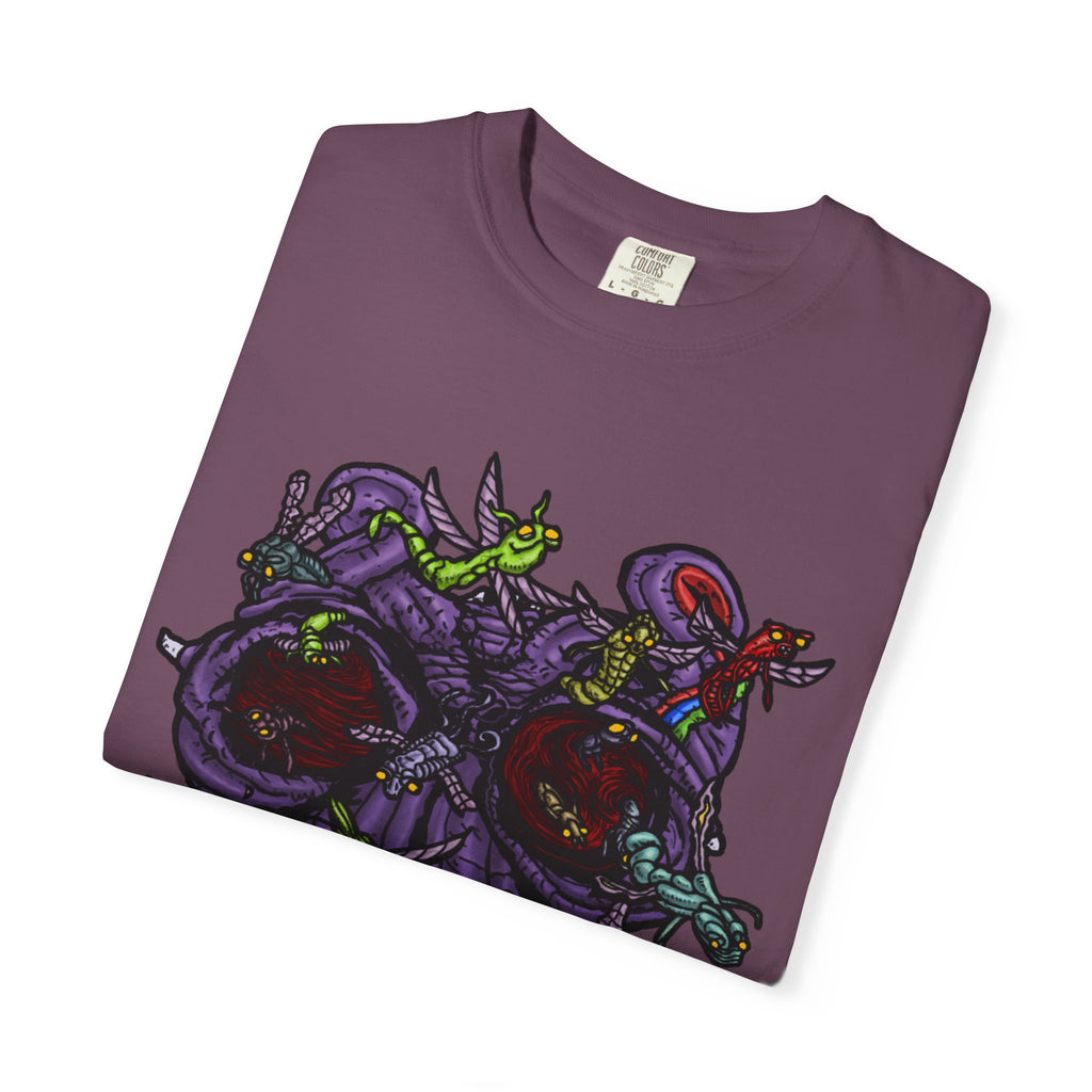 Freaky Features Alien t-shirt, front shows chaotic purple alien tentacles and insect swarm, back shows open pizza box designed as retro TV with pepperoni pizza inside

