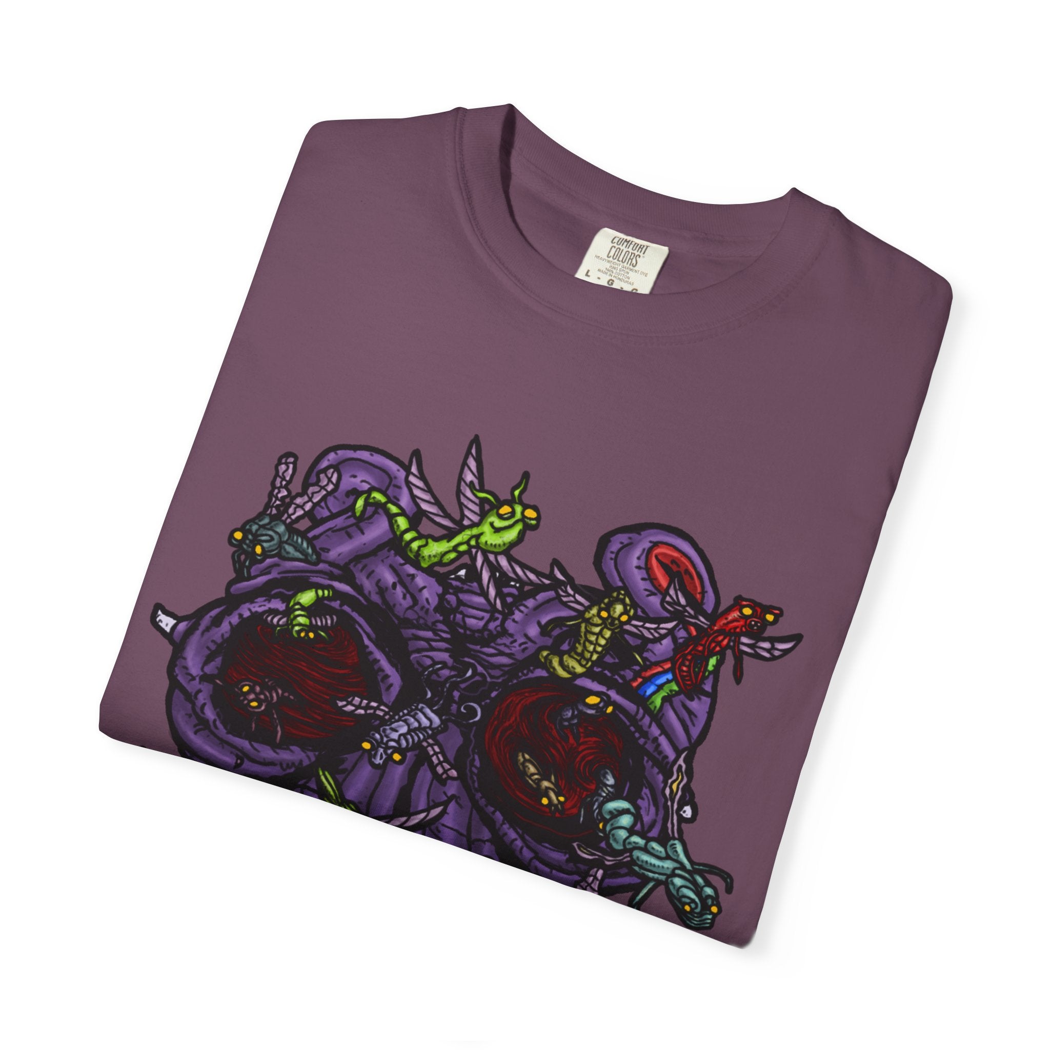 Freaky Features Alien t-shirt, front shows chaotic purple alien tentacles and insect swarm, back shows open pizza box designed as retro TV with pepperoni pizza inside

