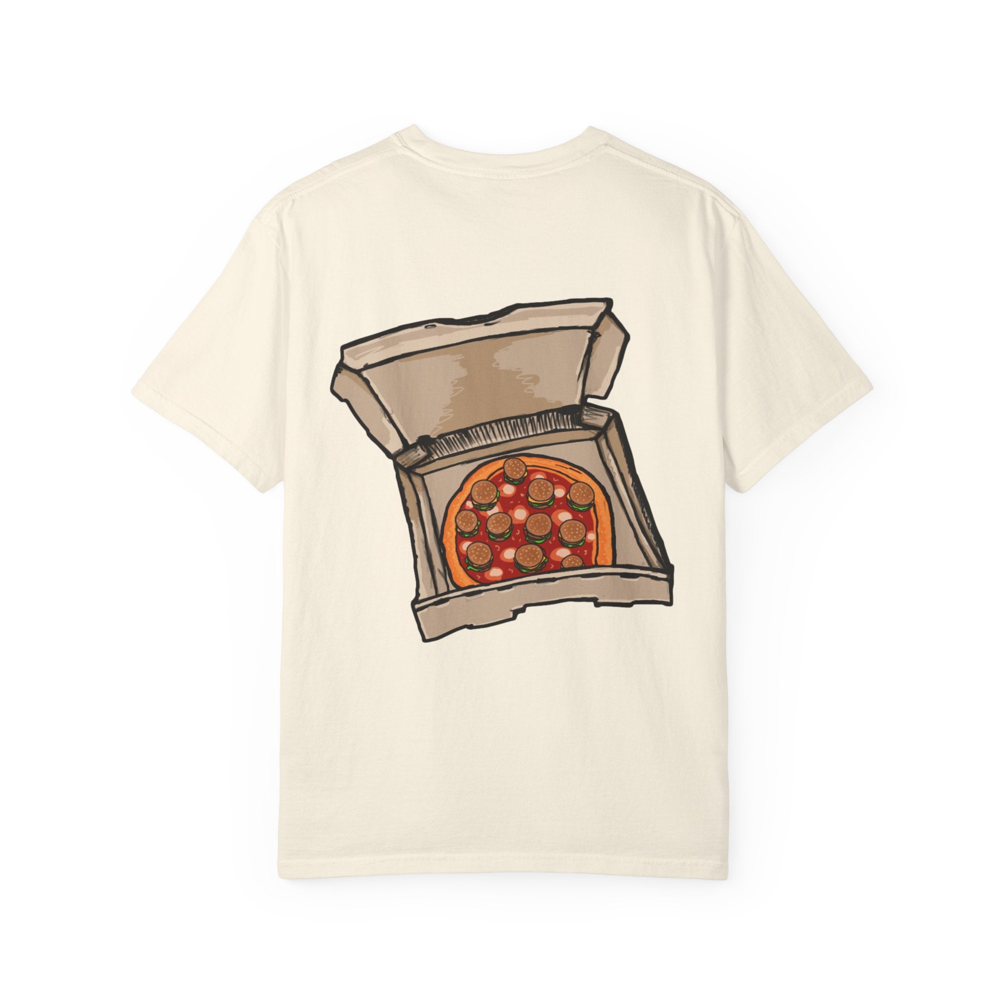 Freaky Features Werewolf t-shirt, front shows werewolf head with glowing yellow eyes and bandaged nose, back shows open pizza box with pepperoni pizza topped with mini cheeseburgers
