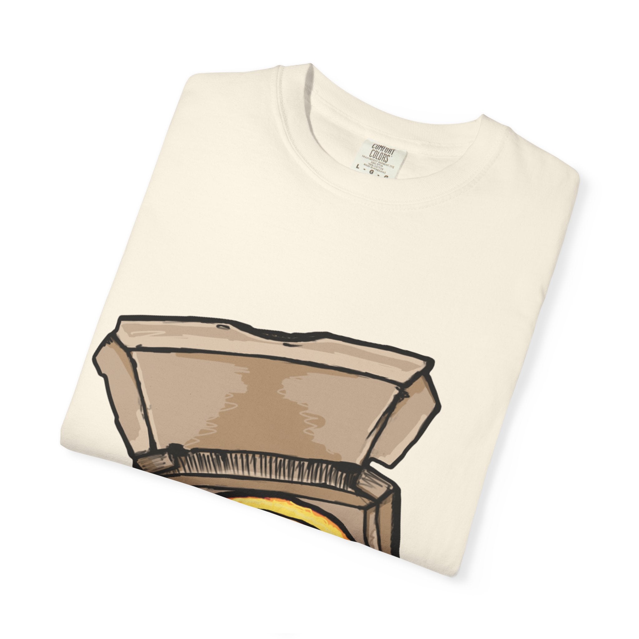 Hand-drawn gold pizza box t-shirt showing open pizza box with gold pizza and red diamond toppings from PizzaBytes collection

