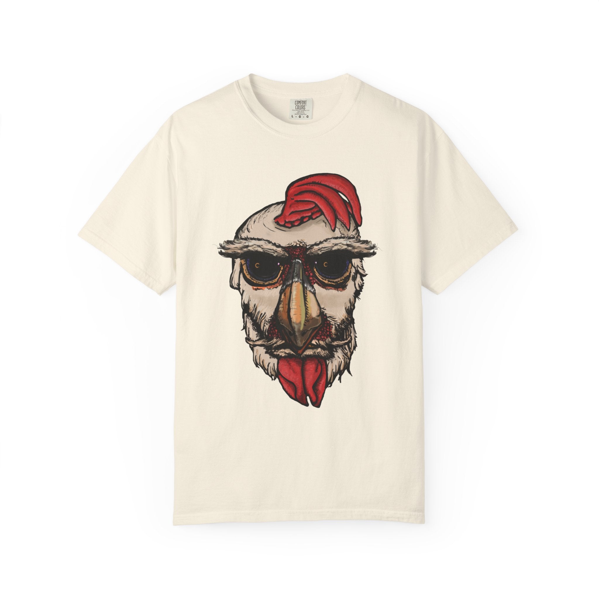 Freaky Features Paranoid Chicken t-shirt, front shows paranoid rooster head, back shows open pizza box with chocolate donut

