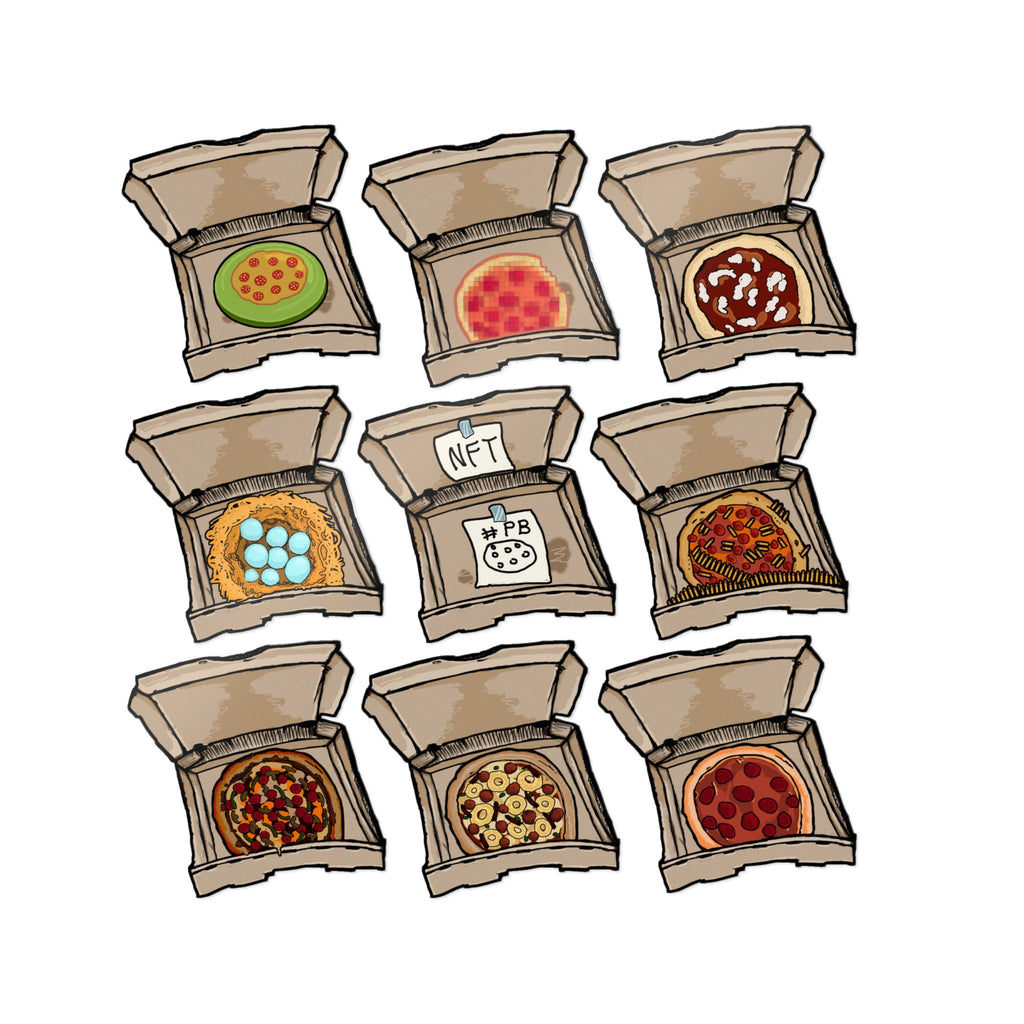 Transparent die-cut sticker set showing 9 open pizza boxes with weird designs: green frisbee pizza, pixel pepperoni, bird nest, NFT box and more from PizzaBytes Set #2

