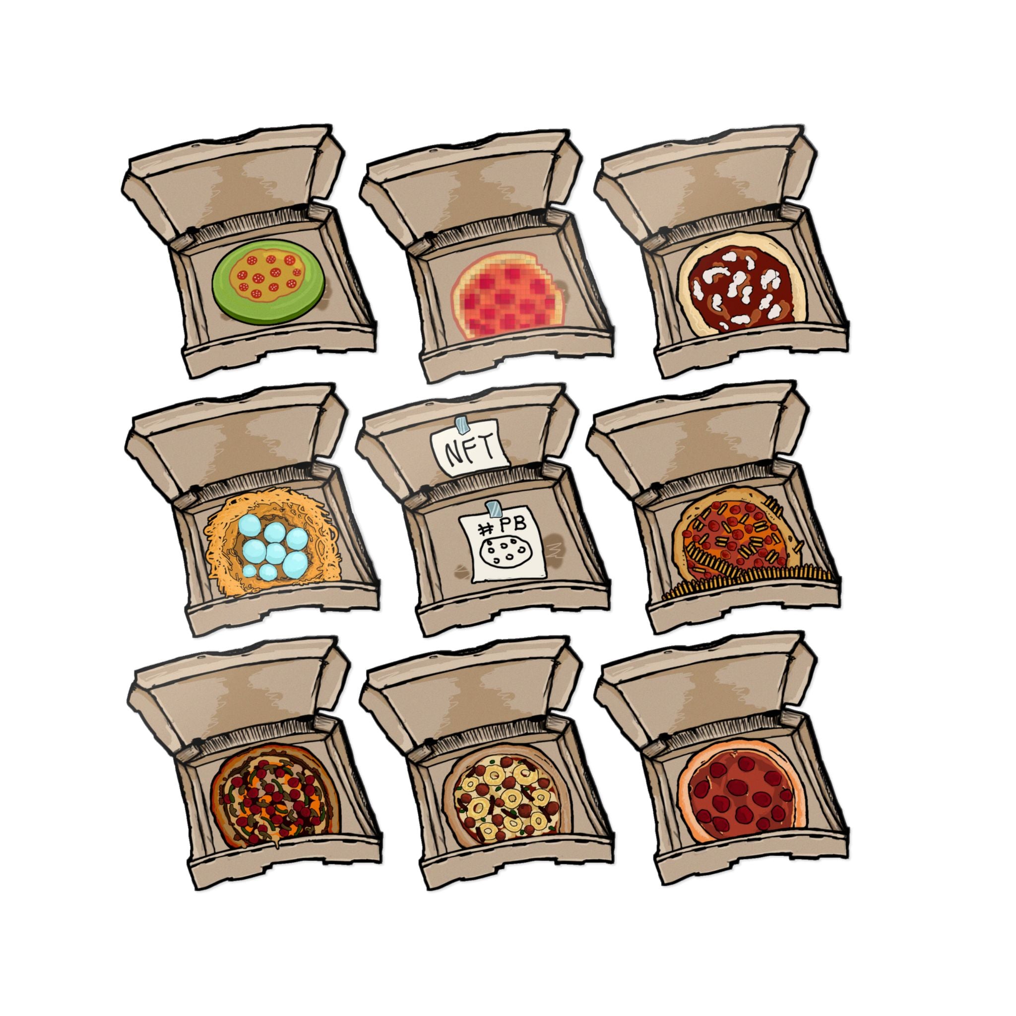 Transparent die-cut sticker set showing 9 open pizza boxes with weird designs: green frisbee pizza, pixel pepperoni, bird nest, NFT box and more from PizzaBytes Set #2

