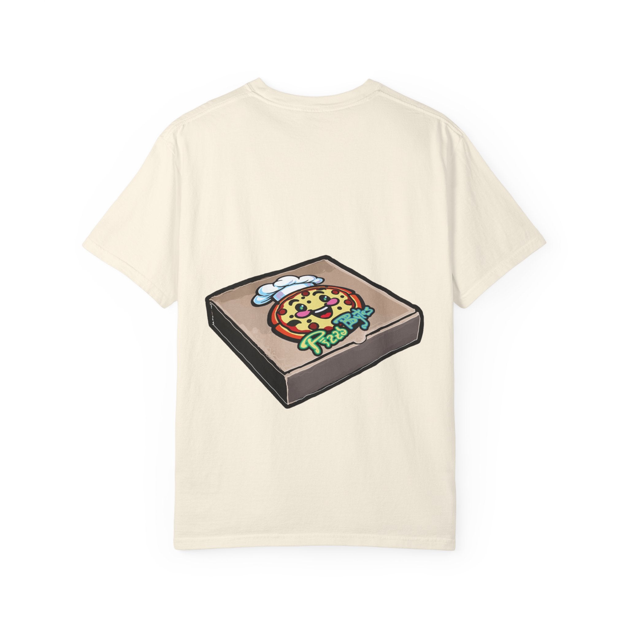 Hand-drawn donut pizza box t-shirt showing open pizza box with white-iced donut and orange drizzle from PizzaBytes collection

