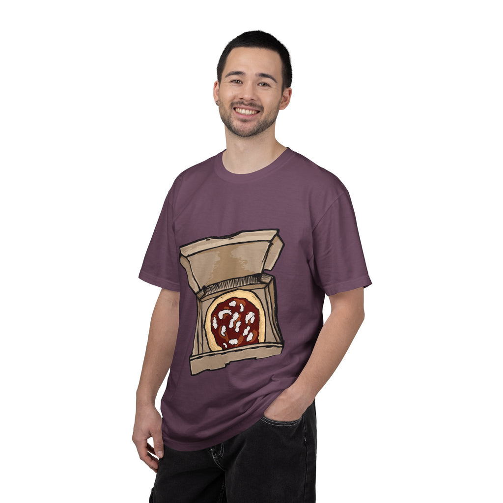 Hand-drawn mozzarella pizza box t-shirt showing open pizza box with red sauce and mozzarella cheese from PizzaBytes collection

