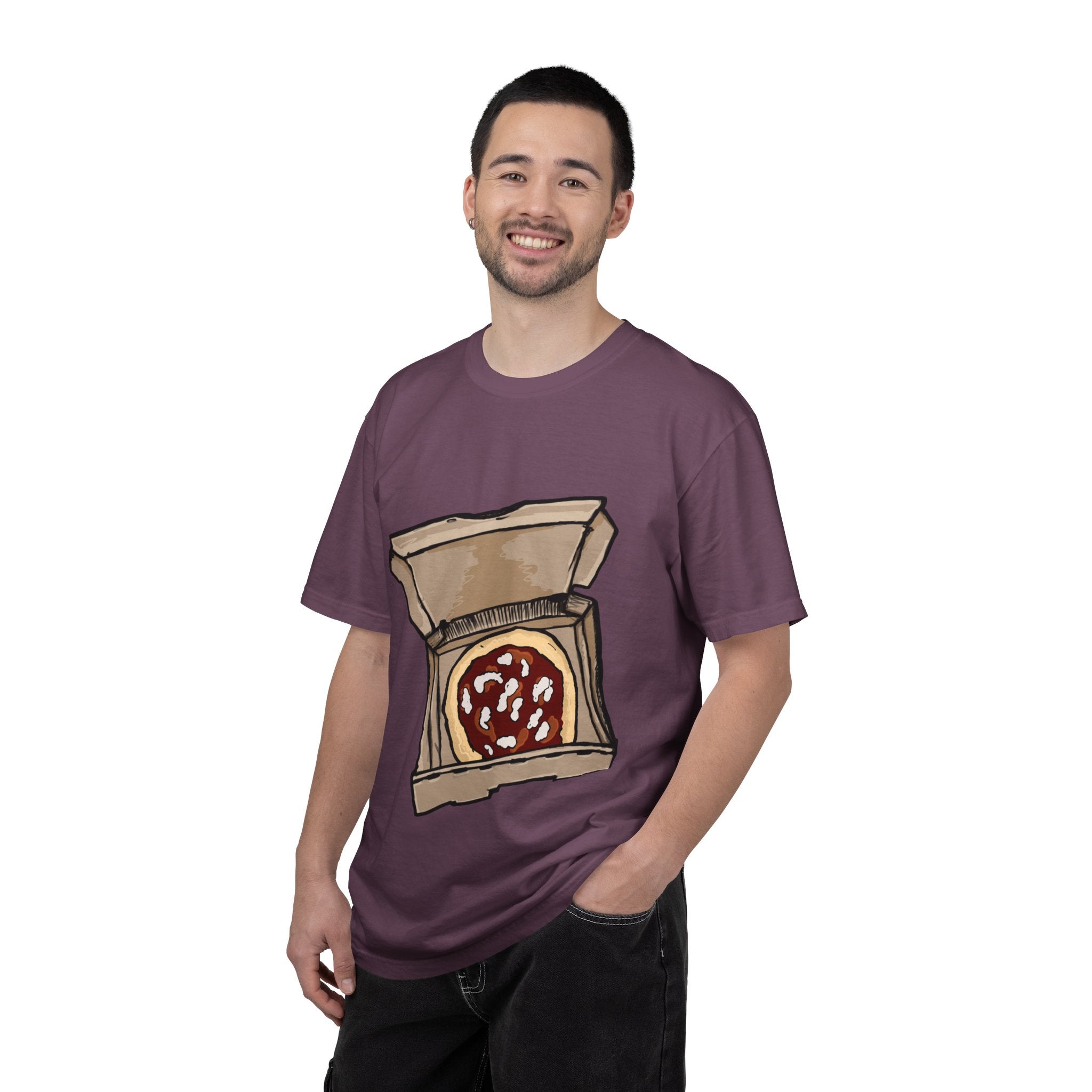 Hand-drawn mozzarella pizza box t-shirt showing open pizza box with red sauce and mozzarella cheese from PizzaBytes collection

