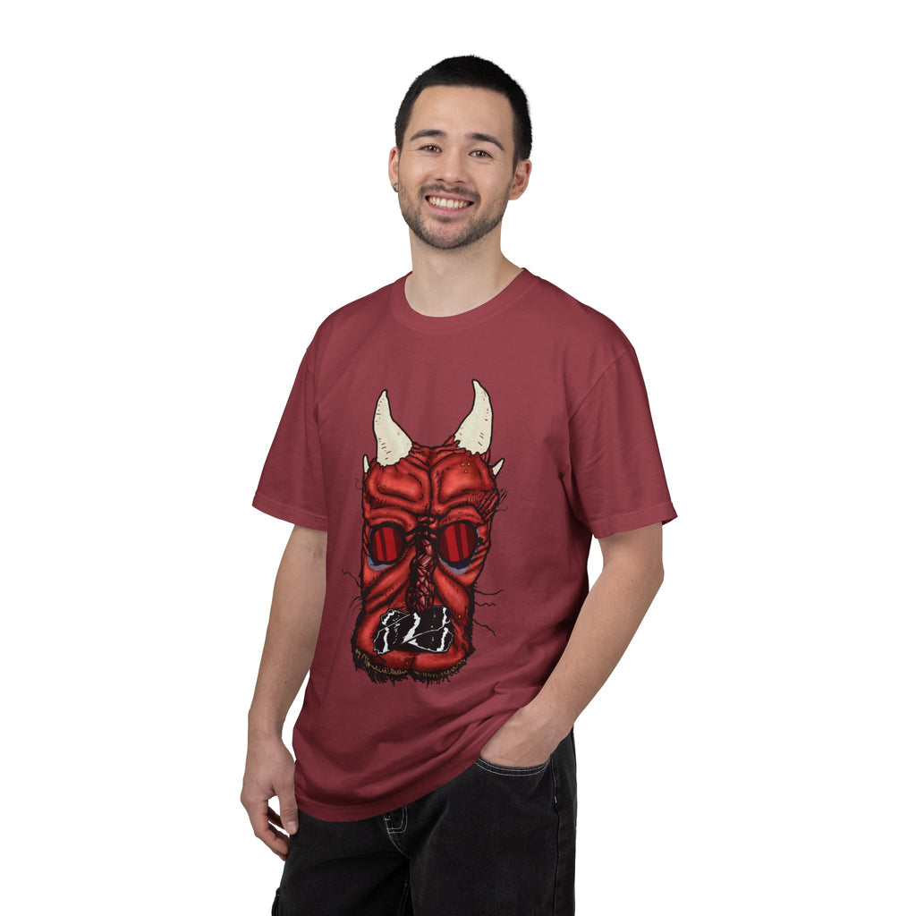 Freaky Features Demon t-shirt, front shows red demon head with horns and glowing eyes, back shows open pizza box being raided by little red devils

