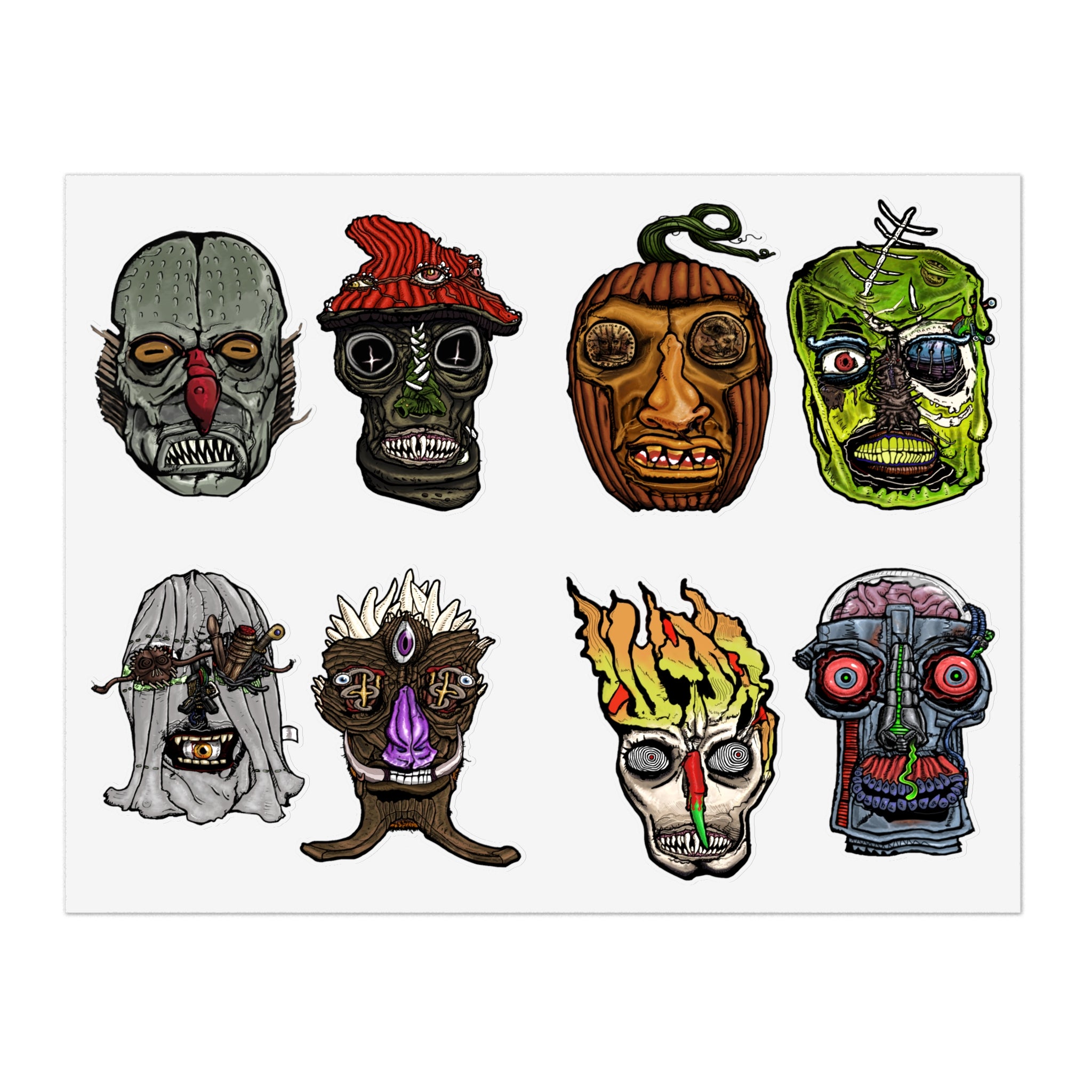 Freaky Features Sticker Sheet Set #2, transparent die-cut sheet with 8 hand-drawn monster heads including Fishman, Mushroom Boy, PumpkinJack, Radioactive Blob, Ghost, Flaming Skull, and Robo Bobo
