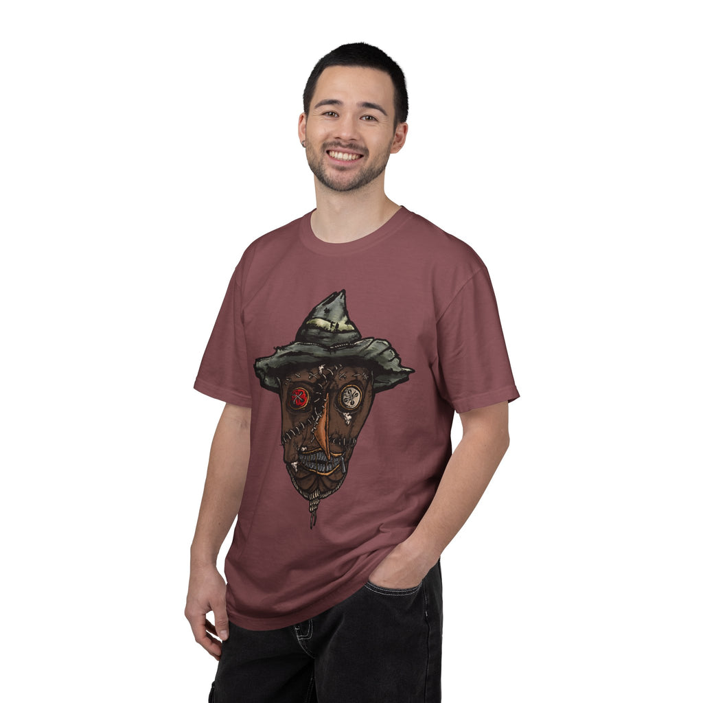 Freaky Features Scarecrow t-shirt, front shows creepy scarecrow head with witch hat and mismatched eyes, back shows open pizza box with lattice cherry pie
