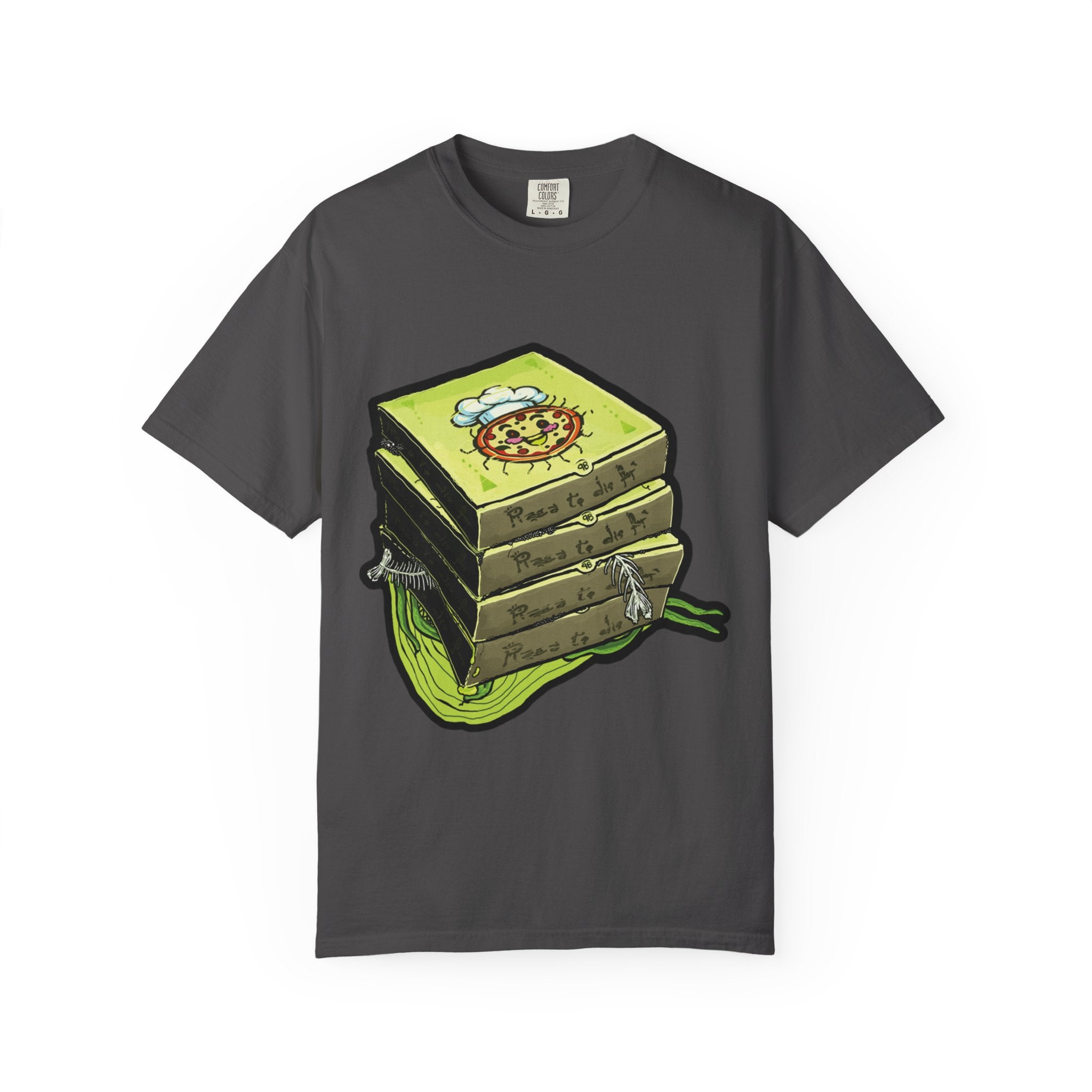 Hand-drawn toxic pizza stack t-shirt with glowing green pizza character and slimy tentacle on tee from PizzaBytes collection