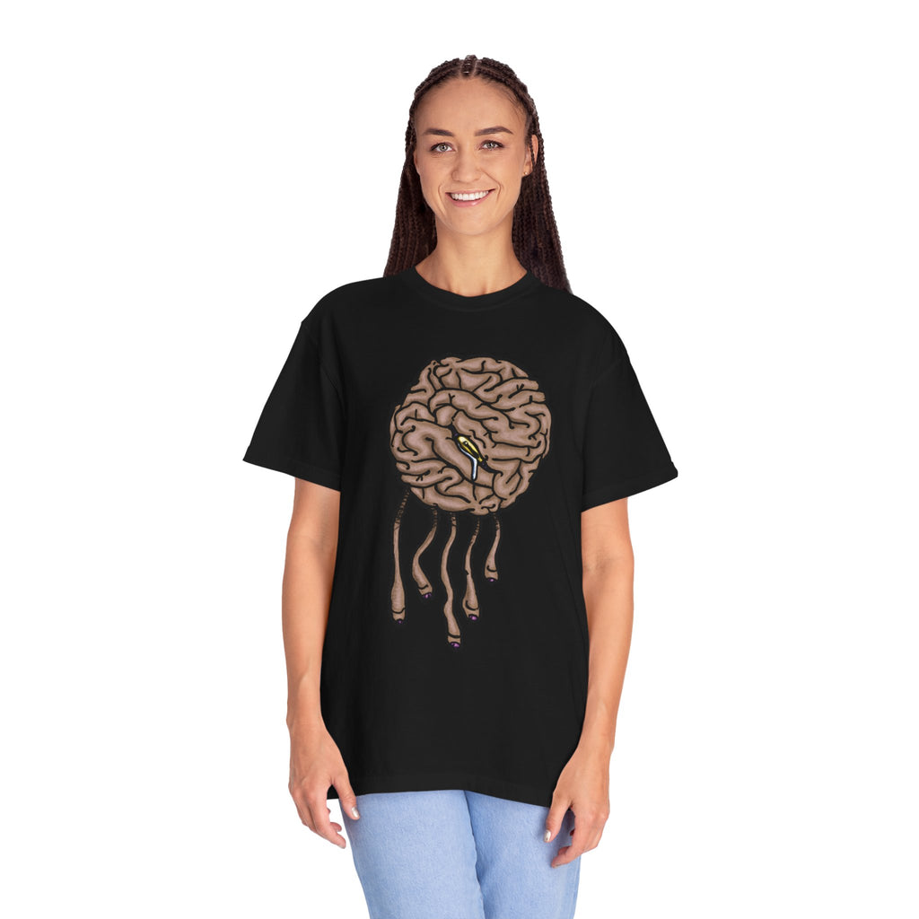 Freaky Features Sad Brian t-shirt, front shows a sad dripping brain monster with tentacles, back shows an open pizza box with half-eaten cake dripping
